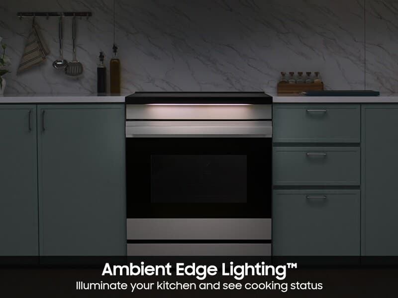Bespoke 6.3 cu. ft. Smart Slide-In Induction Range with Ambient Edge Lighting™ & Air Sous Vide in White Glass view 6