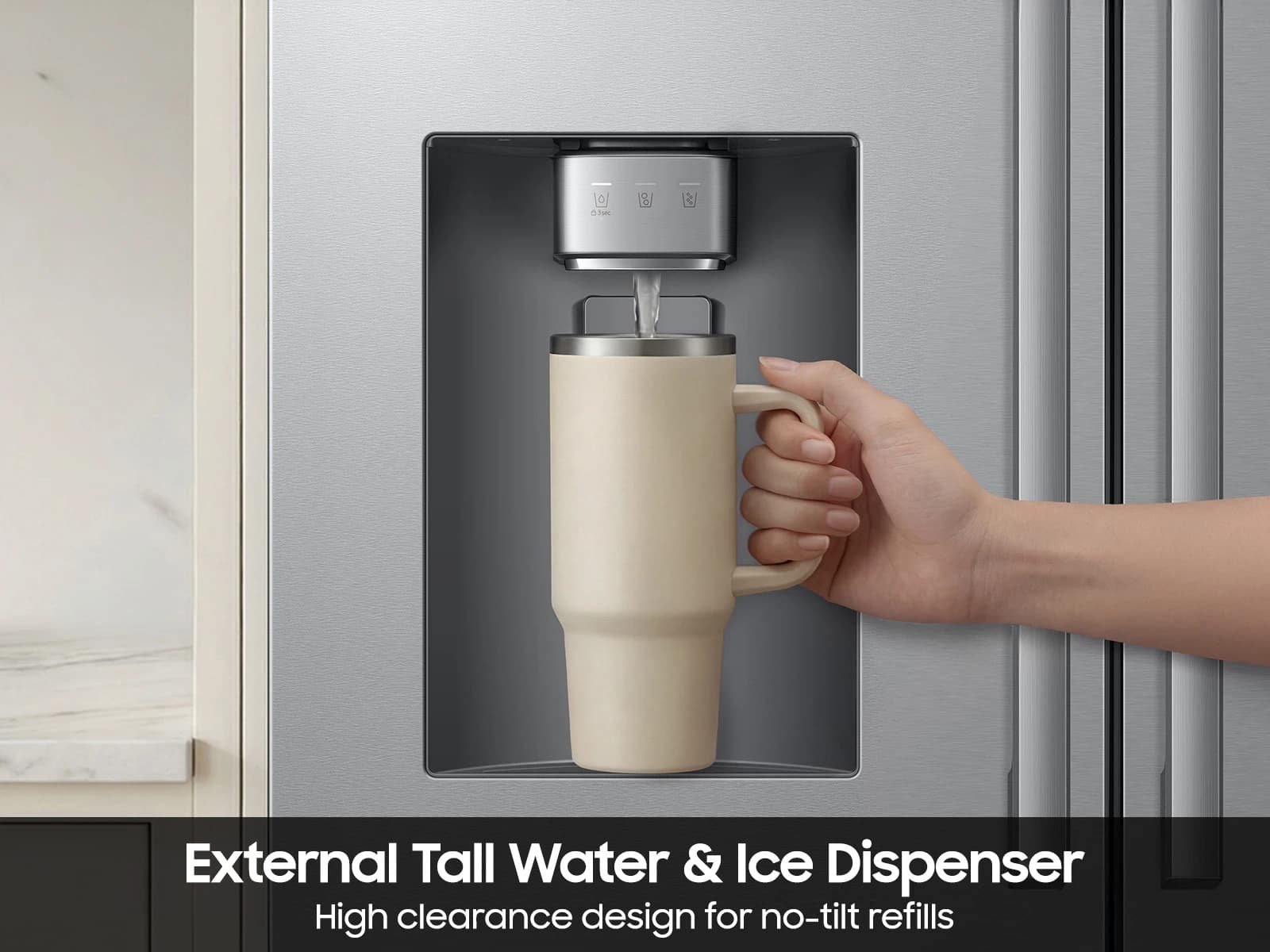 24 cf. Zero Clearance 3-Door French Door, Ext. Water/Ice, Sphere Ice, Counter Depth (Stainless Steel) view 8