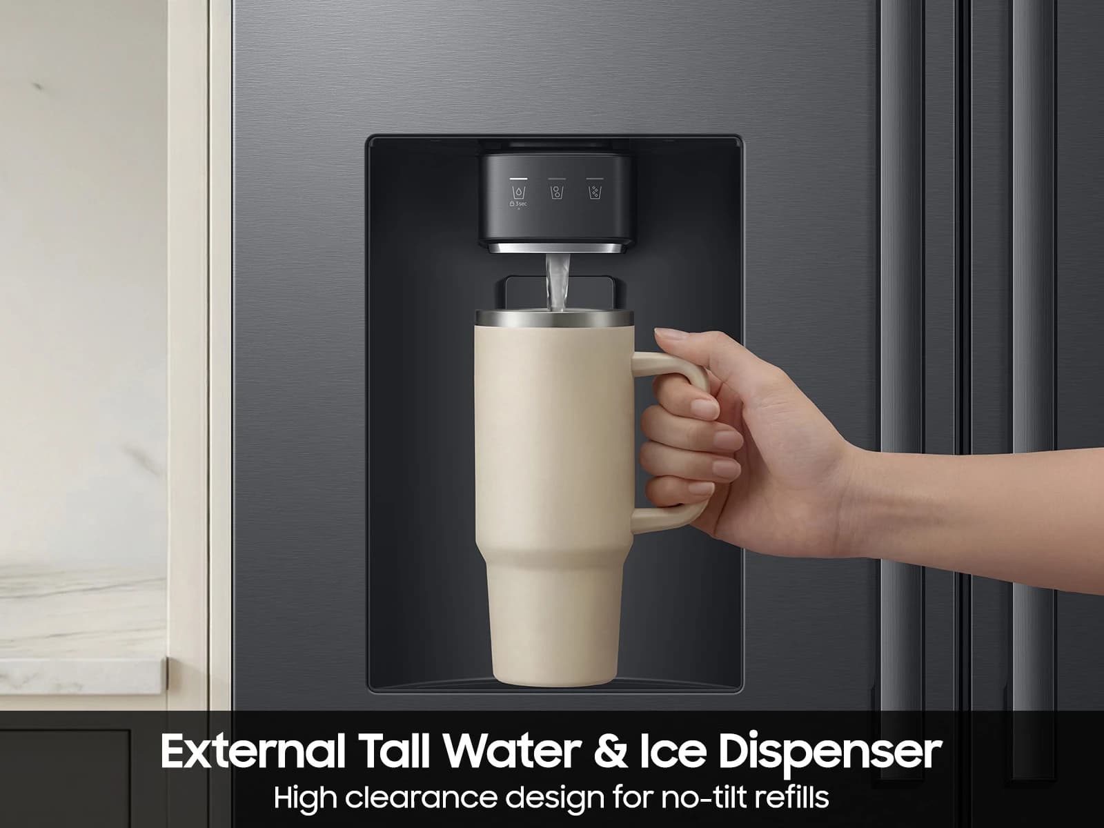 29 cf. Zero Clearance 3-Door French Door, Ext. Water/Ice, Sphere Ice, Full Depth (Matte Black) view 8