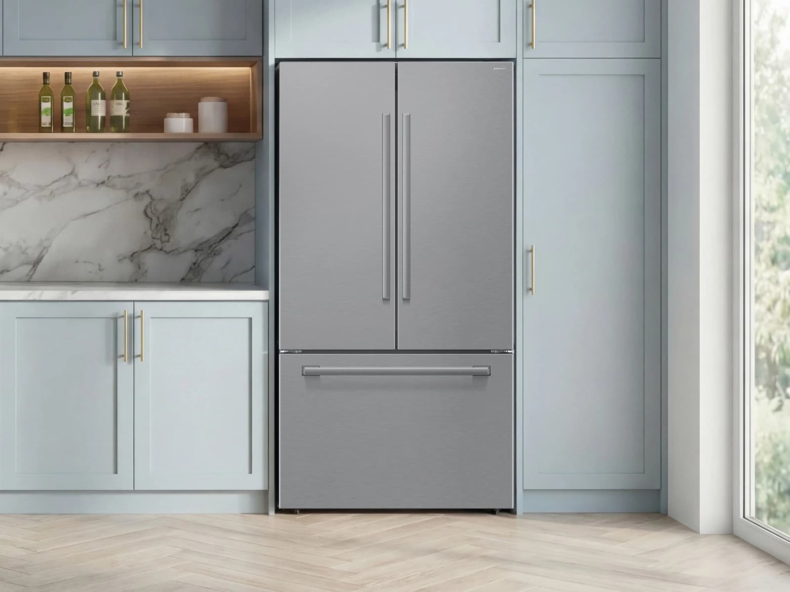 Bespoke AI 3-Door French Door Zero Clearance Fit | In-Door Tall Dispenser 30 cu.ft. – Stainless view 9