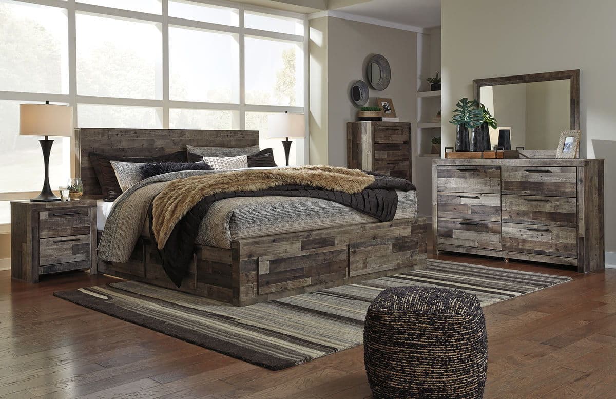8 Pc. · Dresser, Mirror, Chest, King Panel Bed with 6 Storage Drawers · Multi Gray