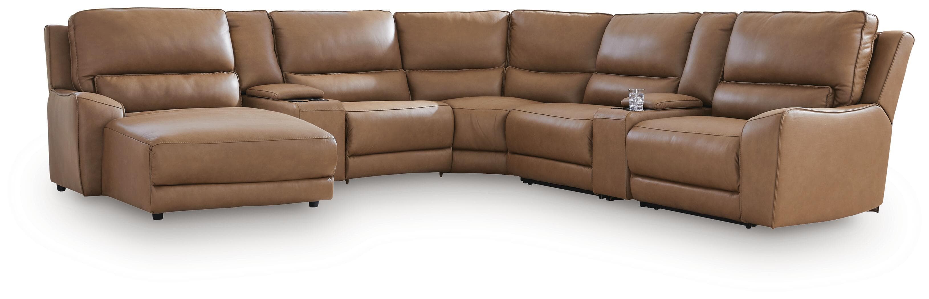DeepWakes - 7-Piece Power Reclining Sectional With LAF Press Back Power Chaise And 2 Storage Consoles - Caramel