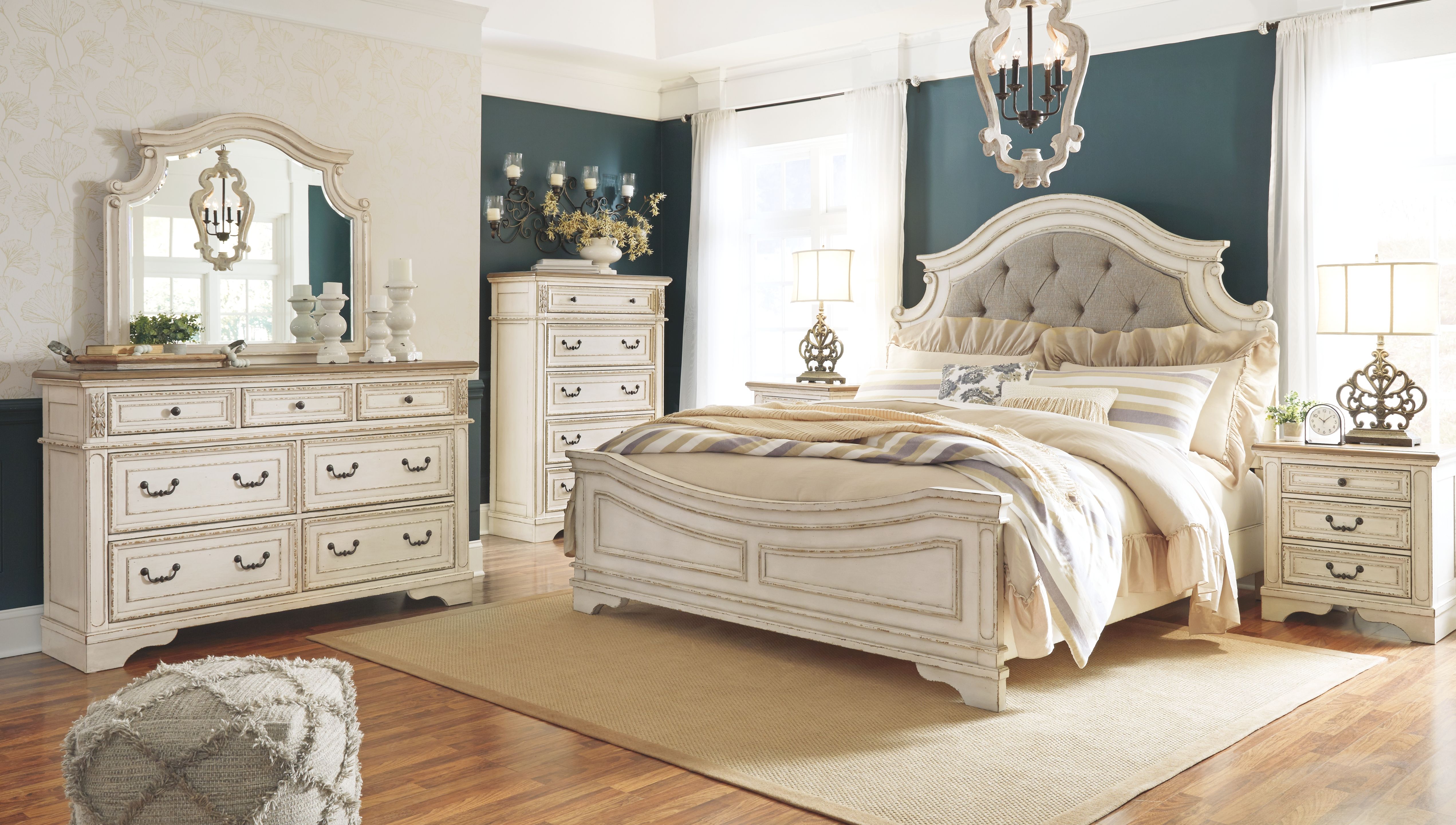 6 Pc. · Dresser, Mirror, Chest, King Upholstered Panel Bed