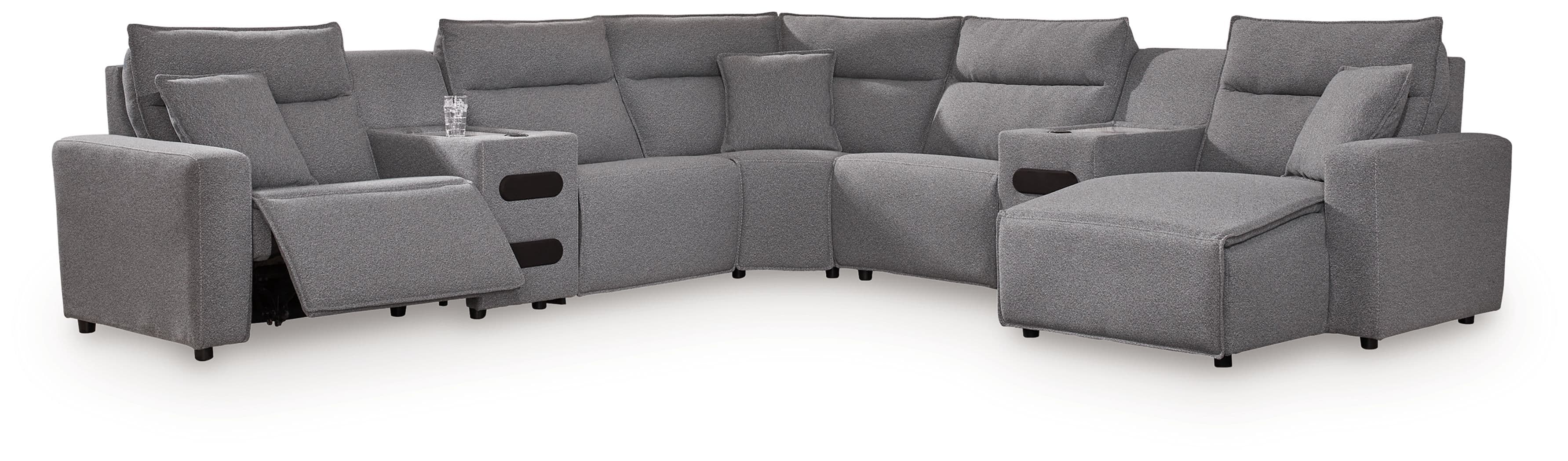 7-Piece Power Reclining Sectional With RAF Press Back Power Chaise And Audio Consoles · Salt And Pepper