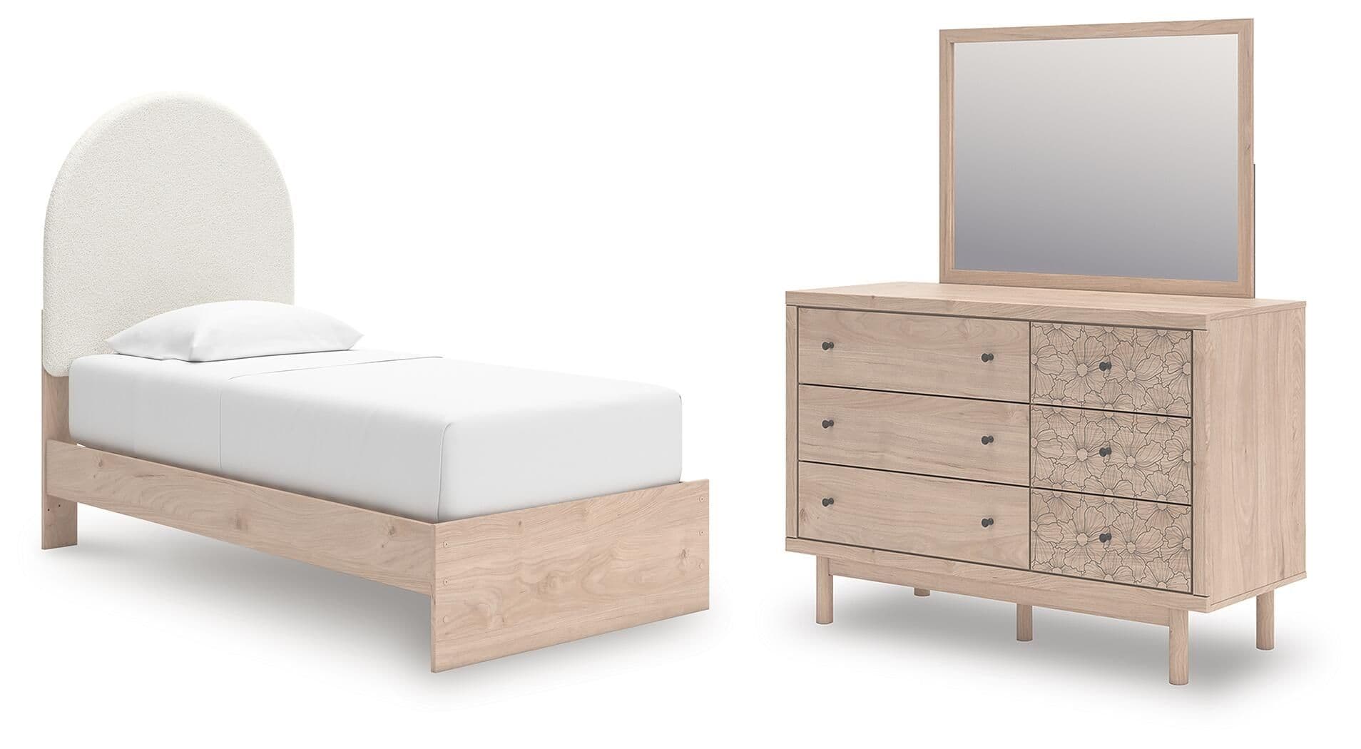 Arloster - 3 Pc. - Twin Upholstered Panel Bed, Dresser And Mirror - Tan