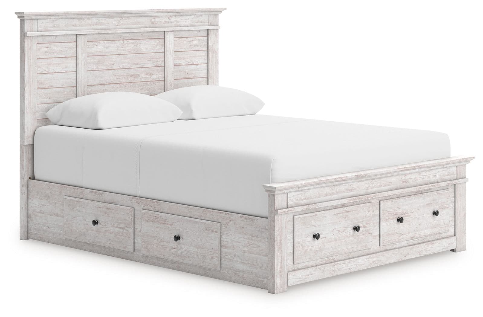 Queen Panel Storage Bed With 2 Under Bed Storage Units And Storage Footboard · Whitewash