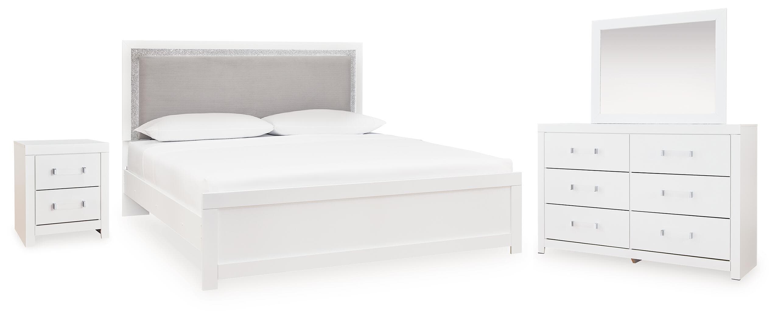 Maeling - 4 Pc. - Queen Upholstered Panel Bed, Dresser, Mirror And Nightstand - White
