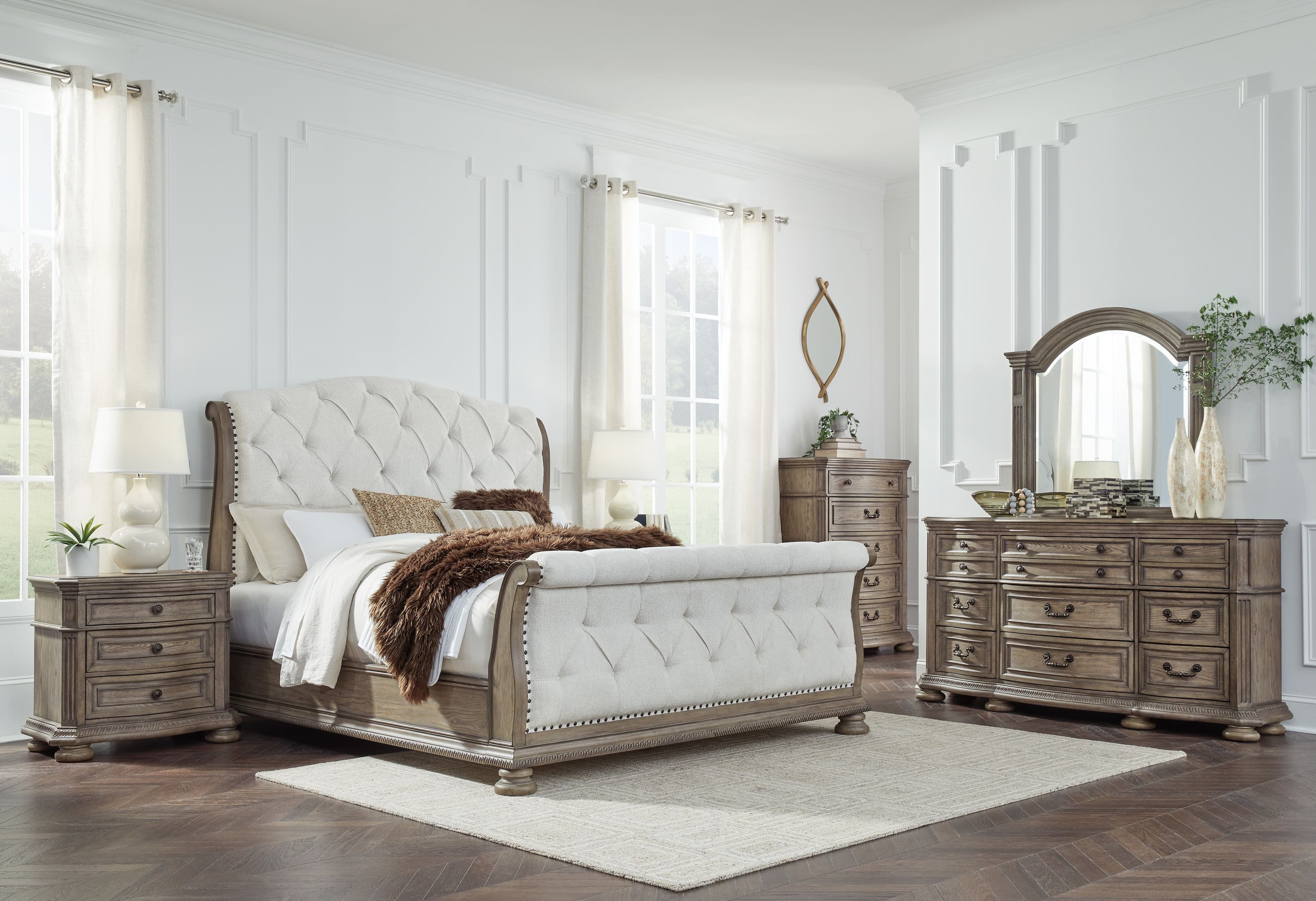 6 Pc. · Dresser, Mirror, Chest, California King Upholstered Sleigh Bed