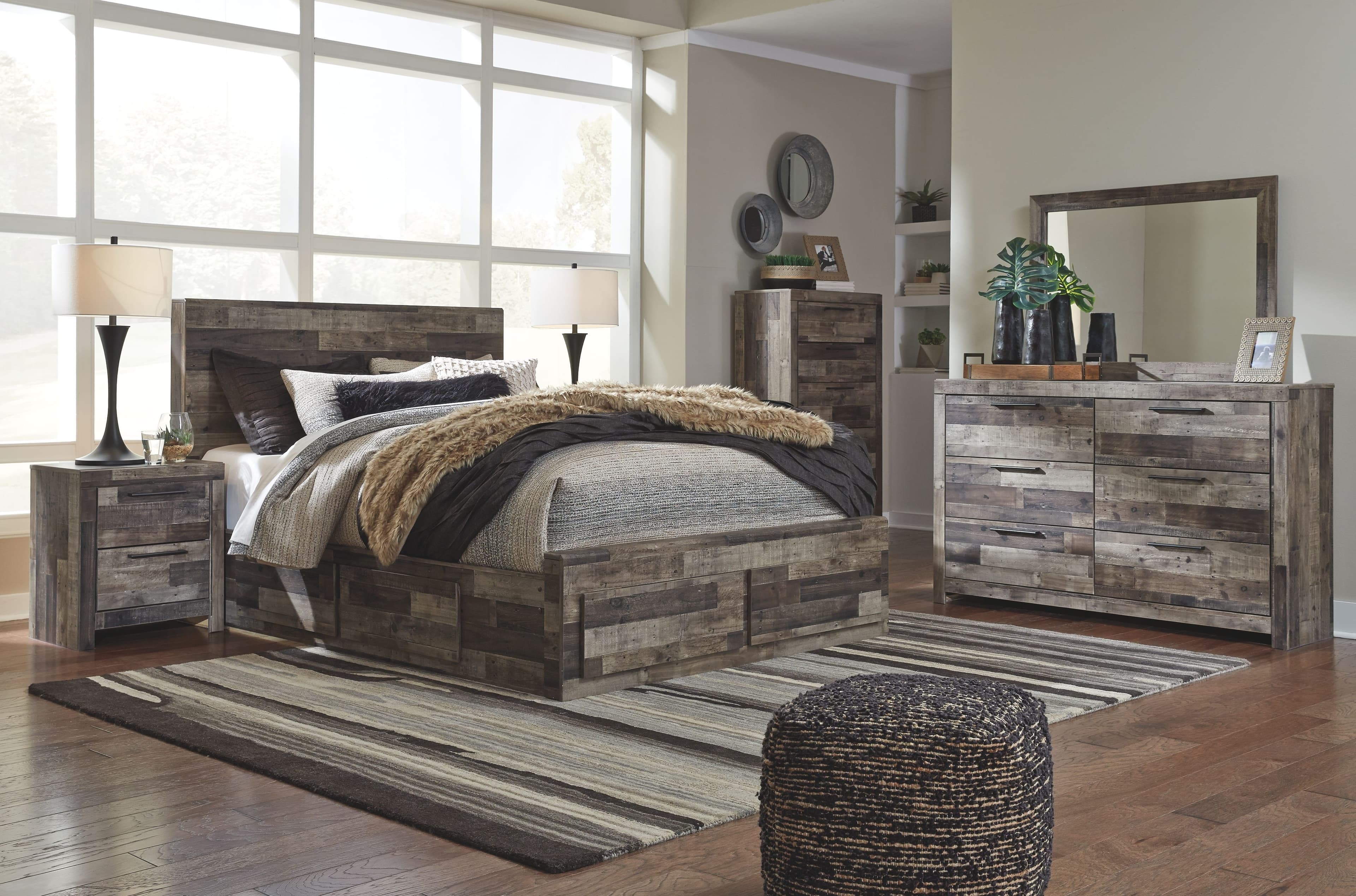 Derekson - 7 Pc. - Dresser, Mirror, Full Panel Bed with 2 Storages - Multi Gray