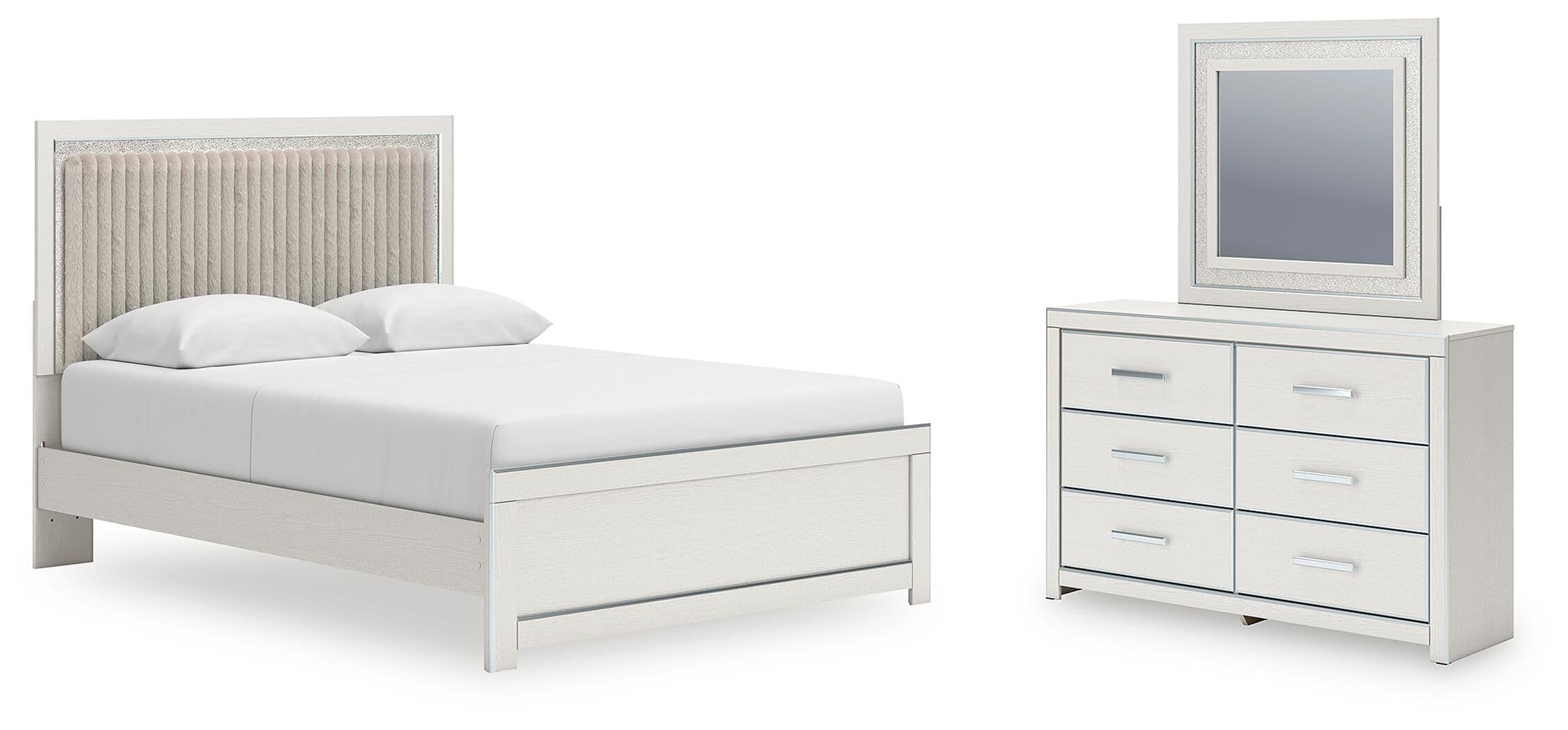 Zuraleus - 3 Pc. - Queen Upholstered Panel Platform Bed, Dresser And Mirror - White