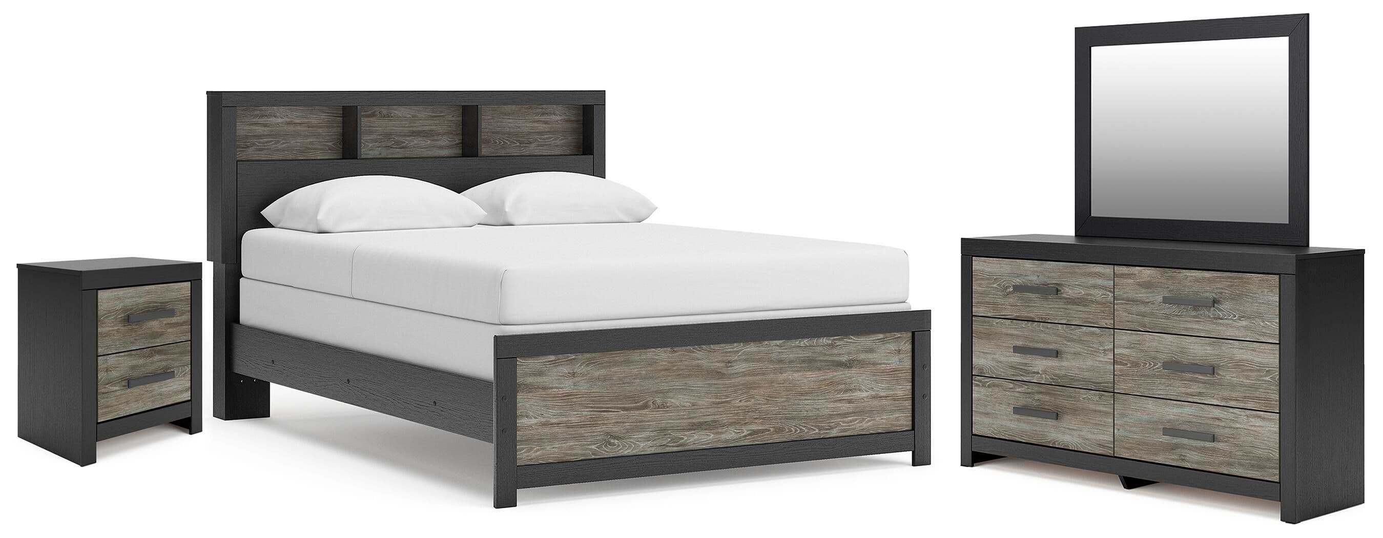 Broachmyn - 4 Pc. - Queen Bookcase Panel Bed, Dresser, Mirror And Nightstand - Black / Gray