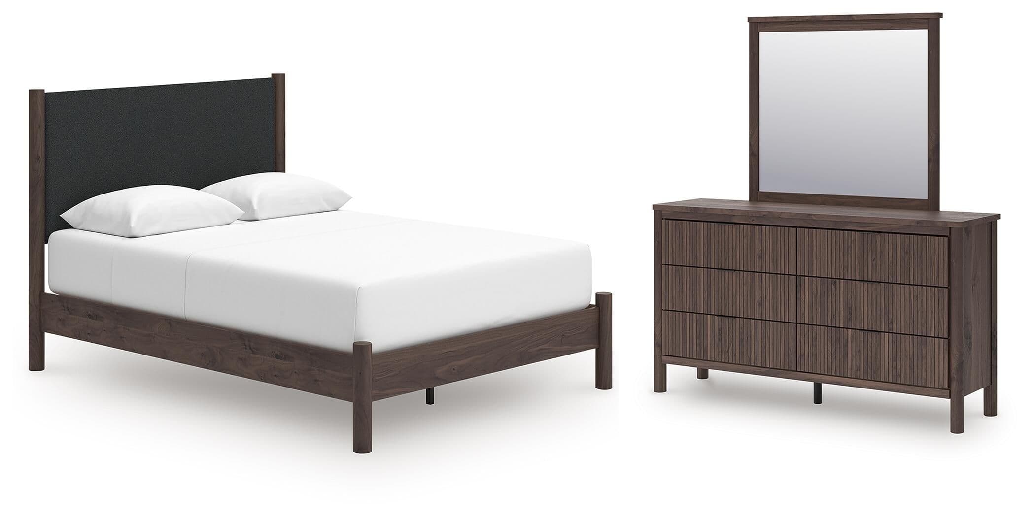 Pamytta - 3 Pc. - Queen Upholstered Platform Bed, Dresser And Mirror - Brown