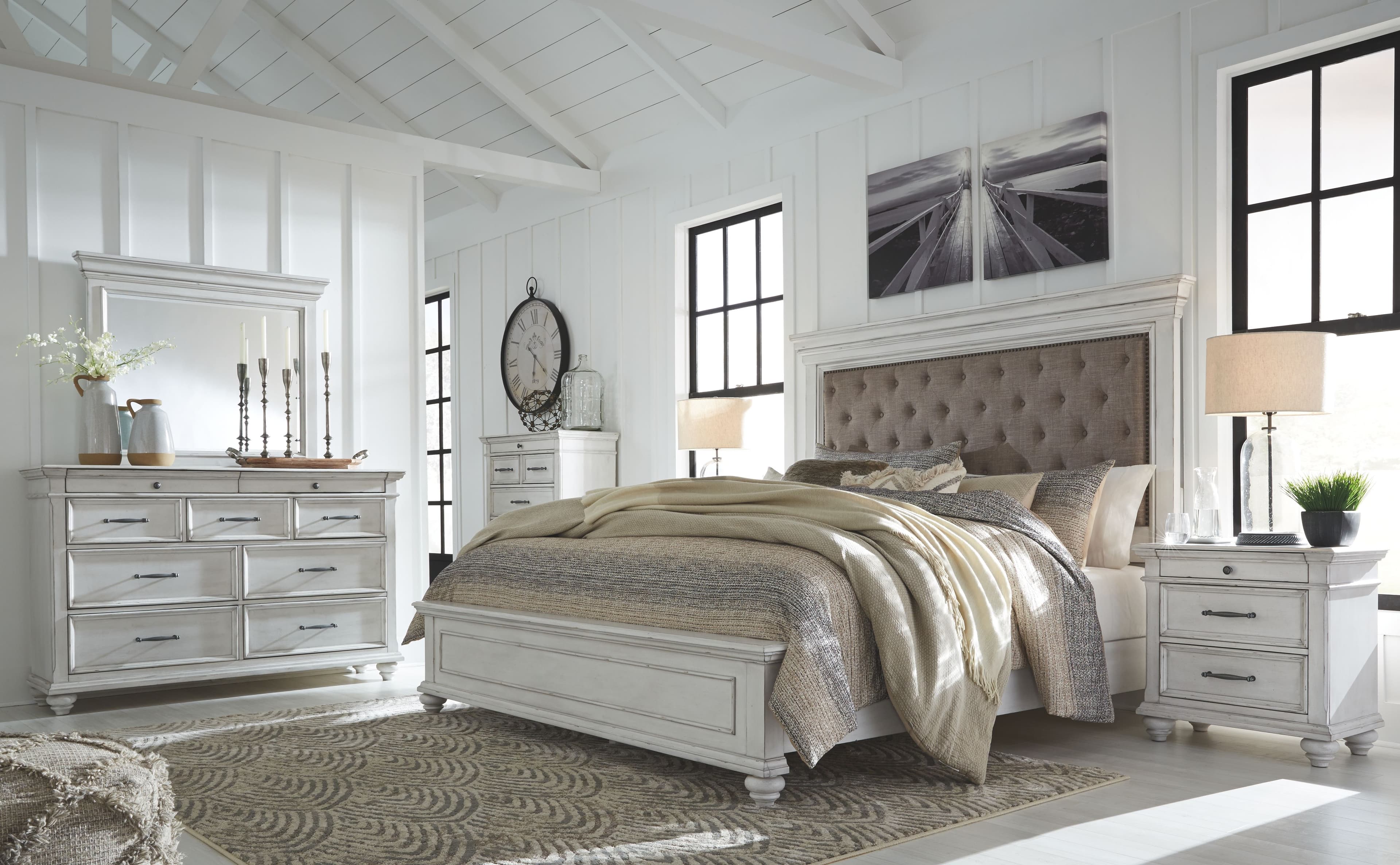 8 Pc. · Dresser, Mirror, Chest, Queen Upholstered Panel Bed, 2 Nightstands