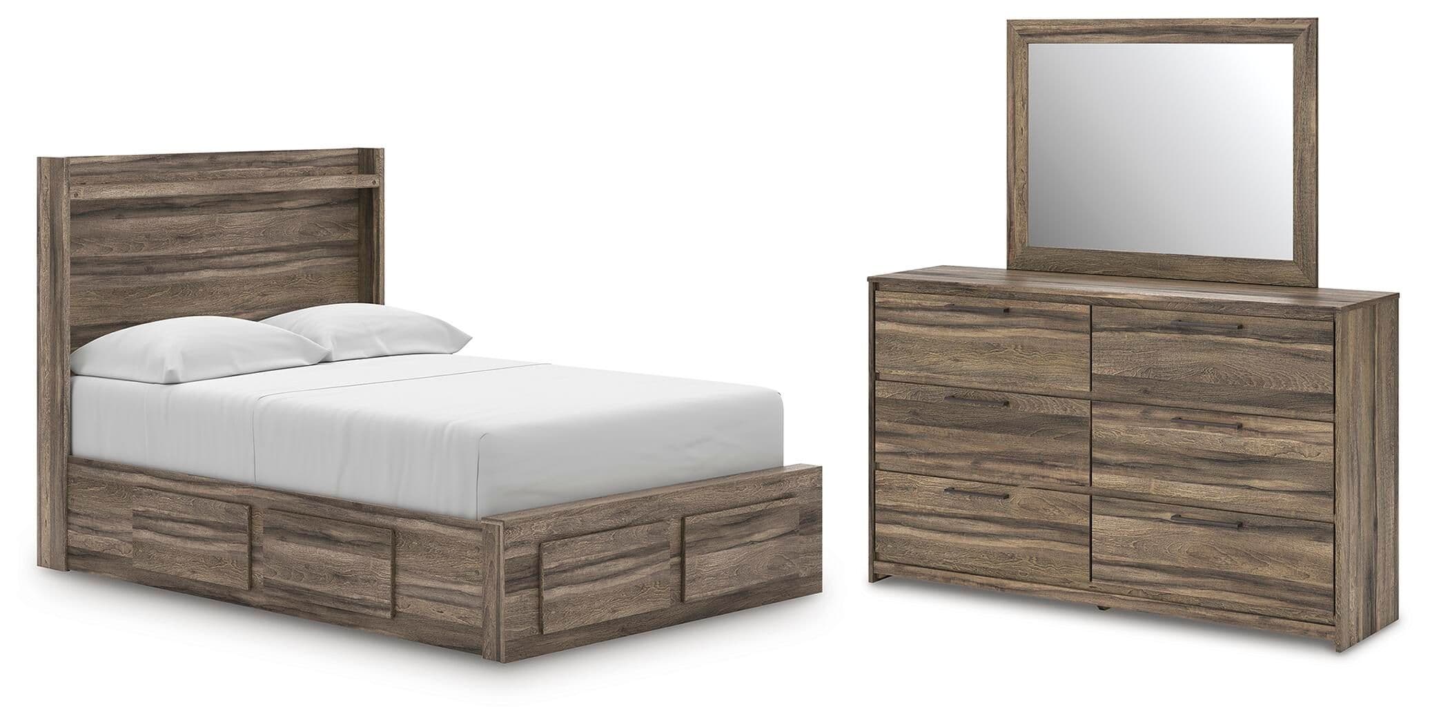 Elbrim - 3 Pc. - Full Panel Storage Bed With 2 Under Bed Storage Units, Dresser And Mirror - Brown