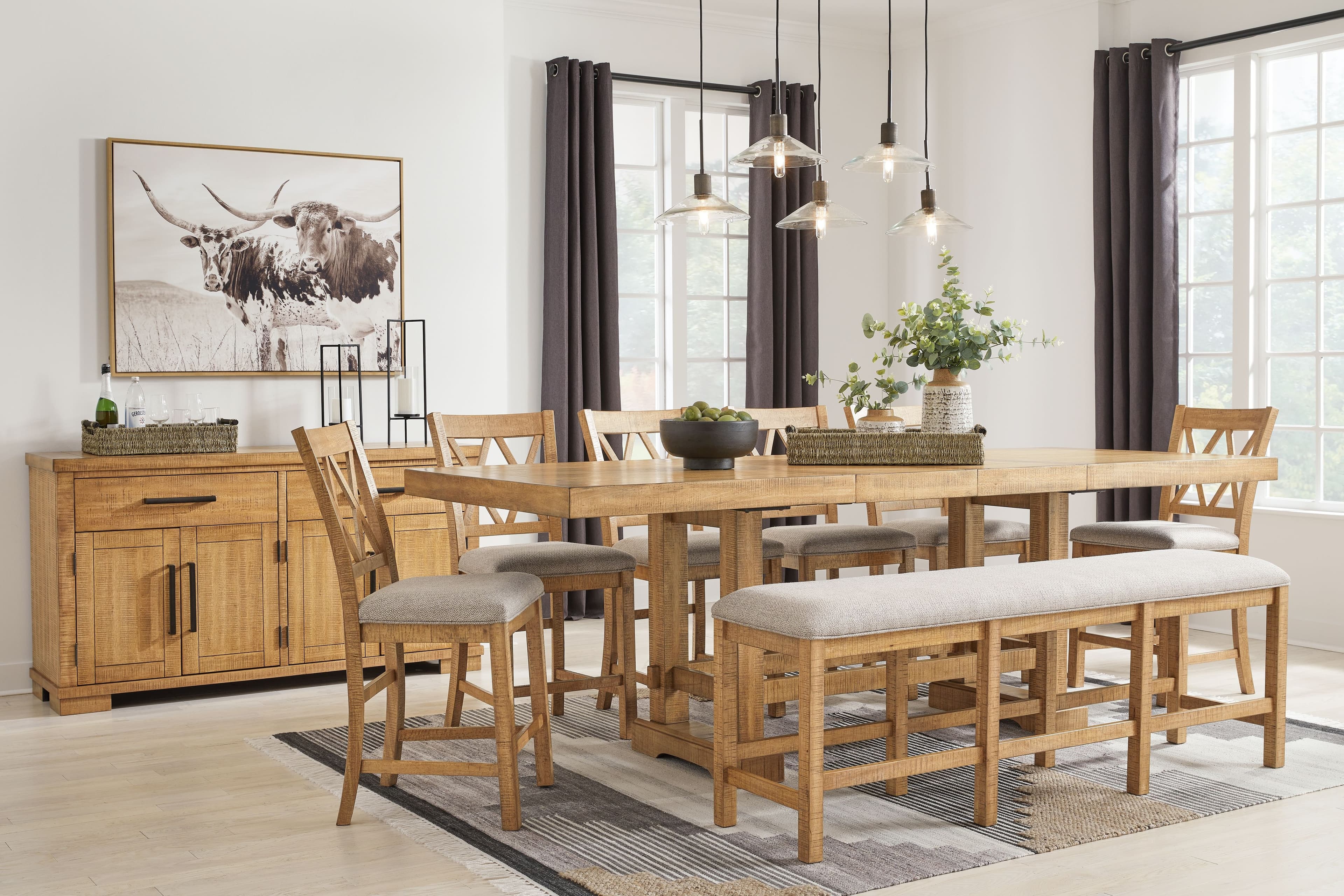 9 Pc. · Counter Extension Table, 6 Upholstered Barstools, Bench, Server