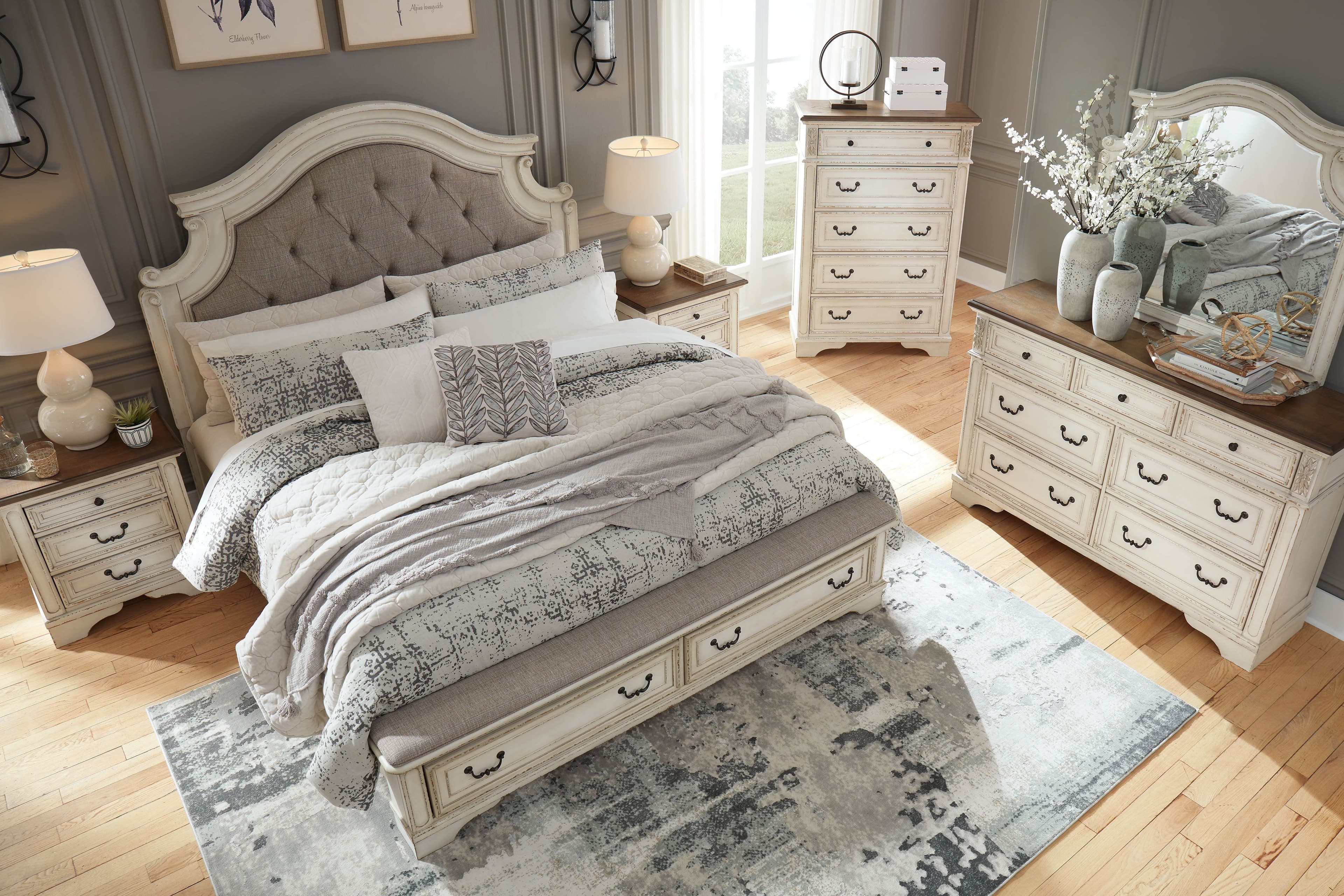 California King Upholstered Bed · 5 Pc. · Dresser, Mirror, Cal King Bed · White / Brown / Beige