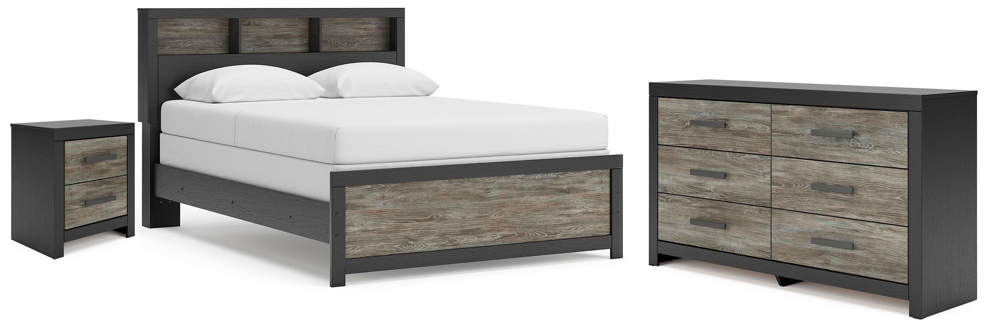 Broachmyn - 3 Pc. - Queen Bookcase Panel Bed, Dresser And Nightstand - Black / Gray