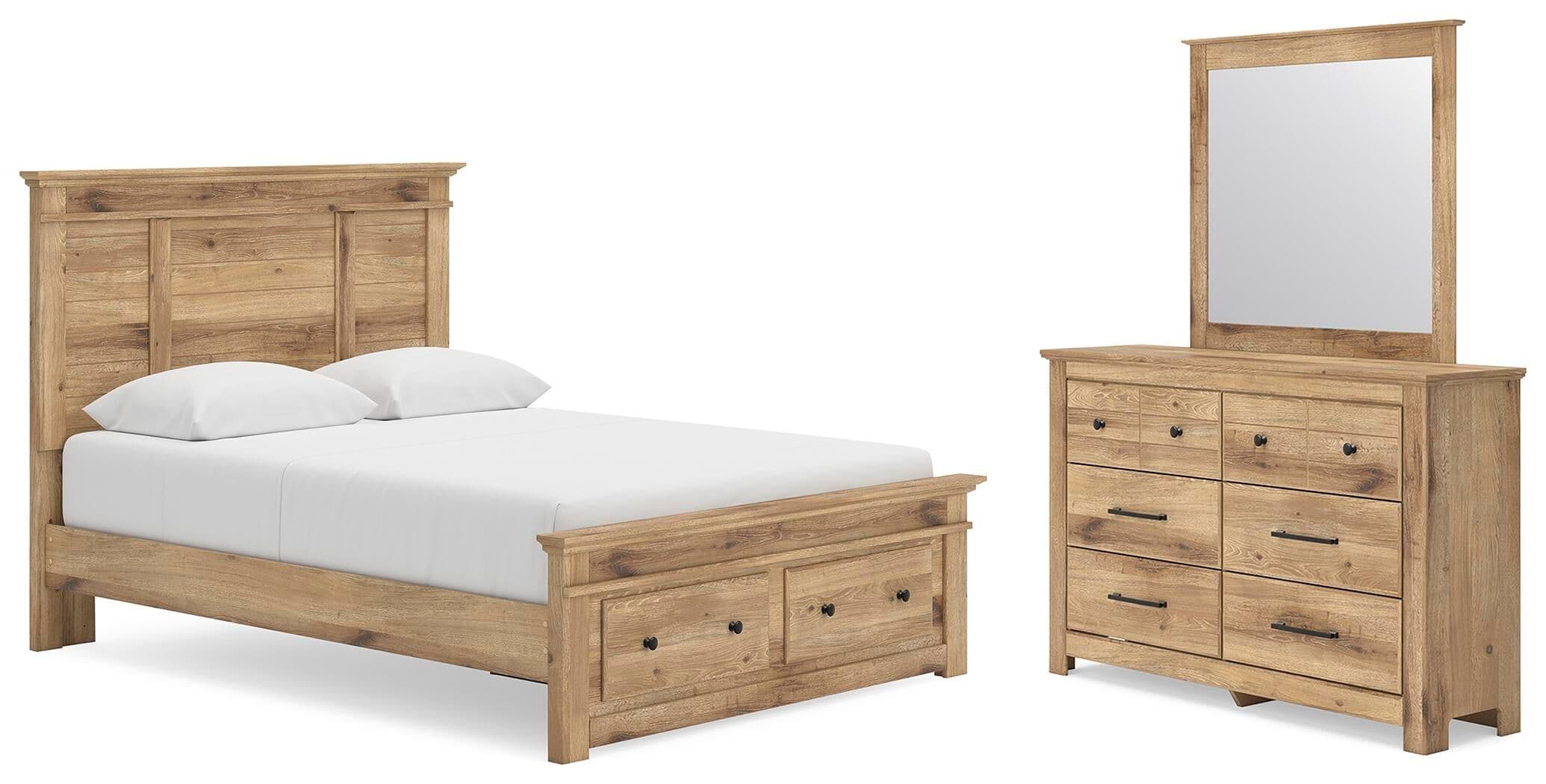 Makidern - 3 Pc. - Queen Panel Storage Bed, Dresser And Mirror - Tan