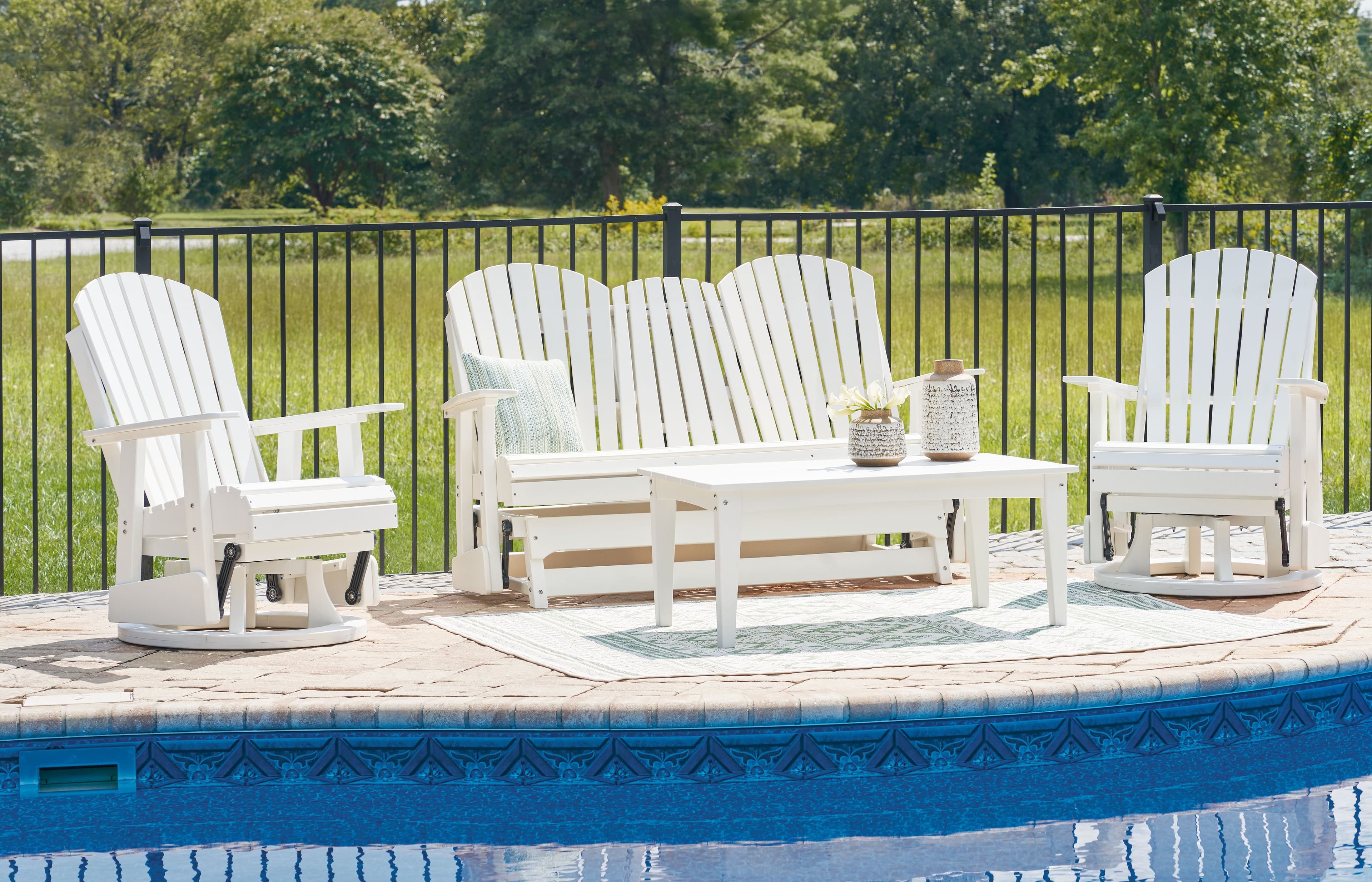 4 Pc. · Glider Loveseat, 2 Swivel Glider Chairs, Cocktail Table · White