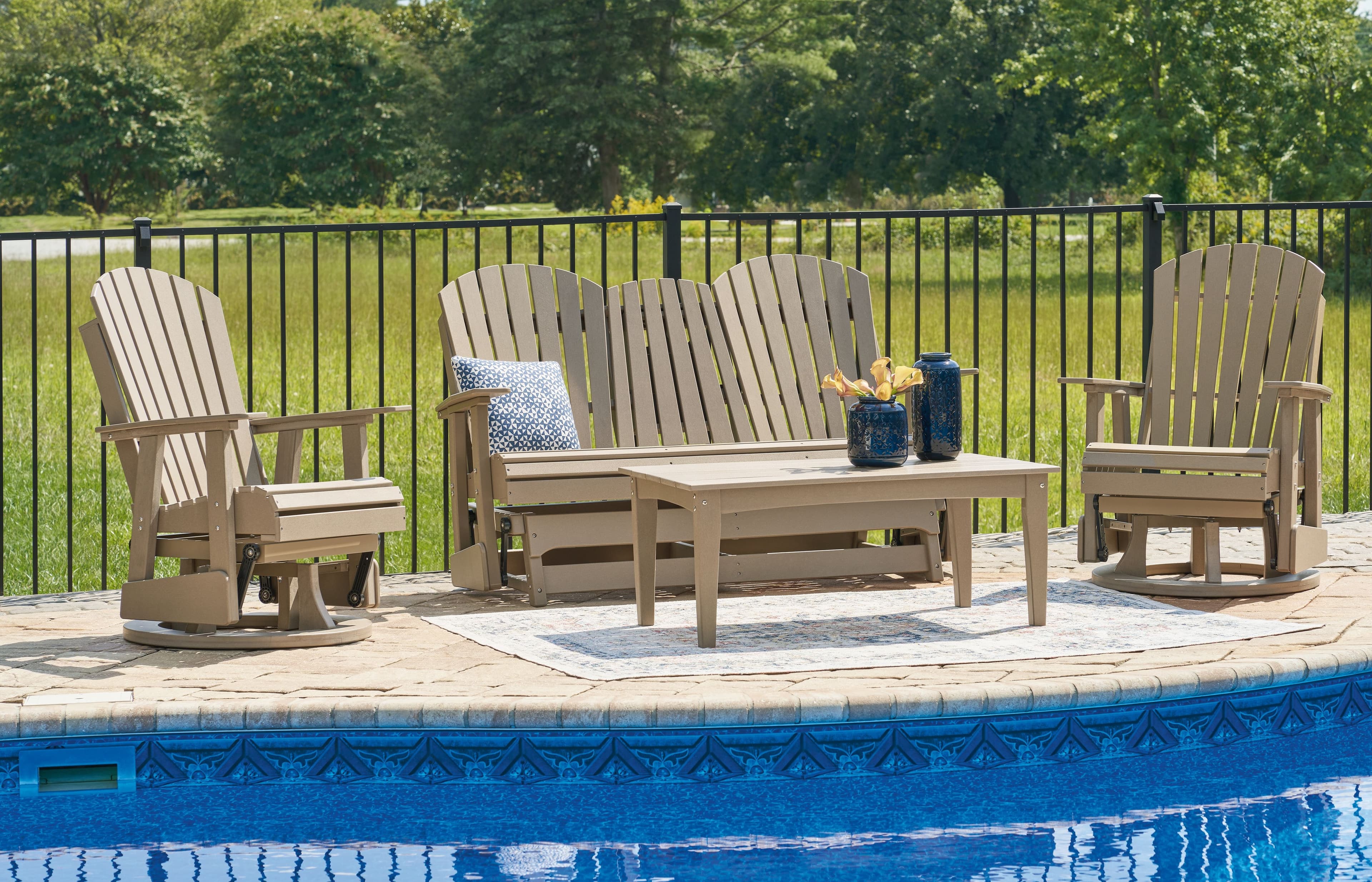 4 Pc. · Glider Loveseat, 2 Swivel Glider Chairs, Cocktail Table · Driftwood