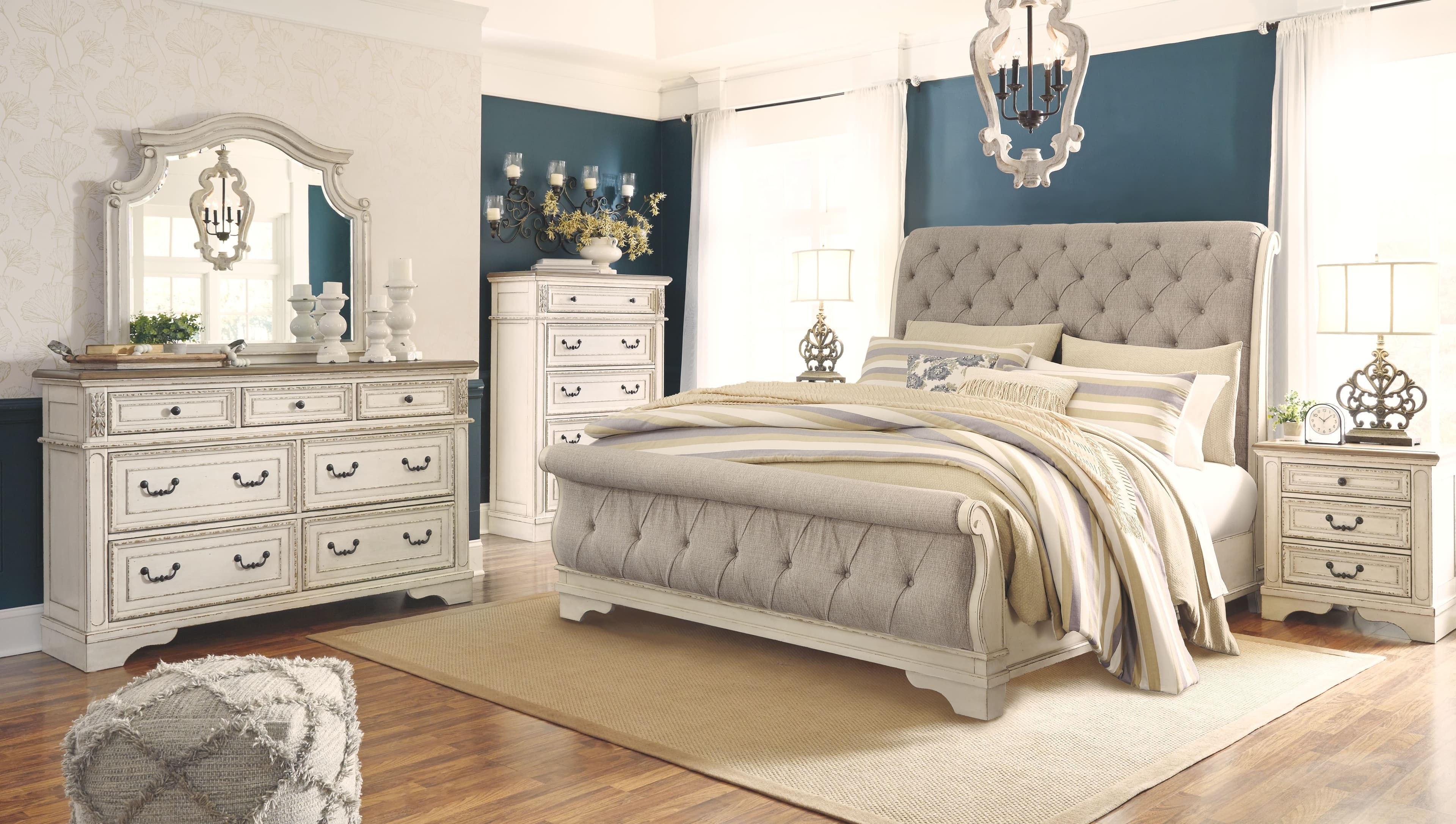 7 Pc. · Dresser, Mirror, California King Upholstered Sleigh Bed, 2 Nightstands