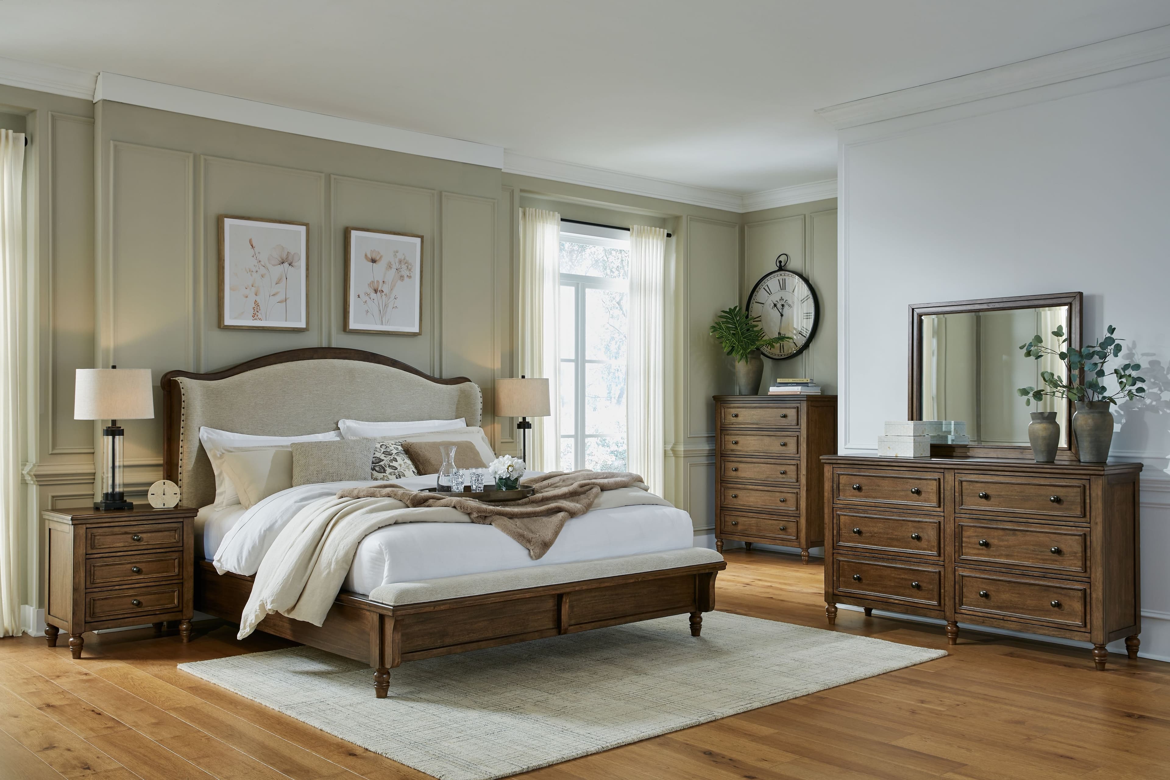 6 Pc. · Dresser, Mirror, Chest, King Upholstered Panel Bed