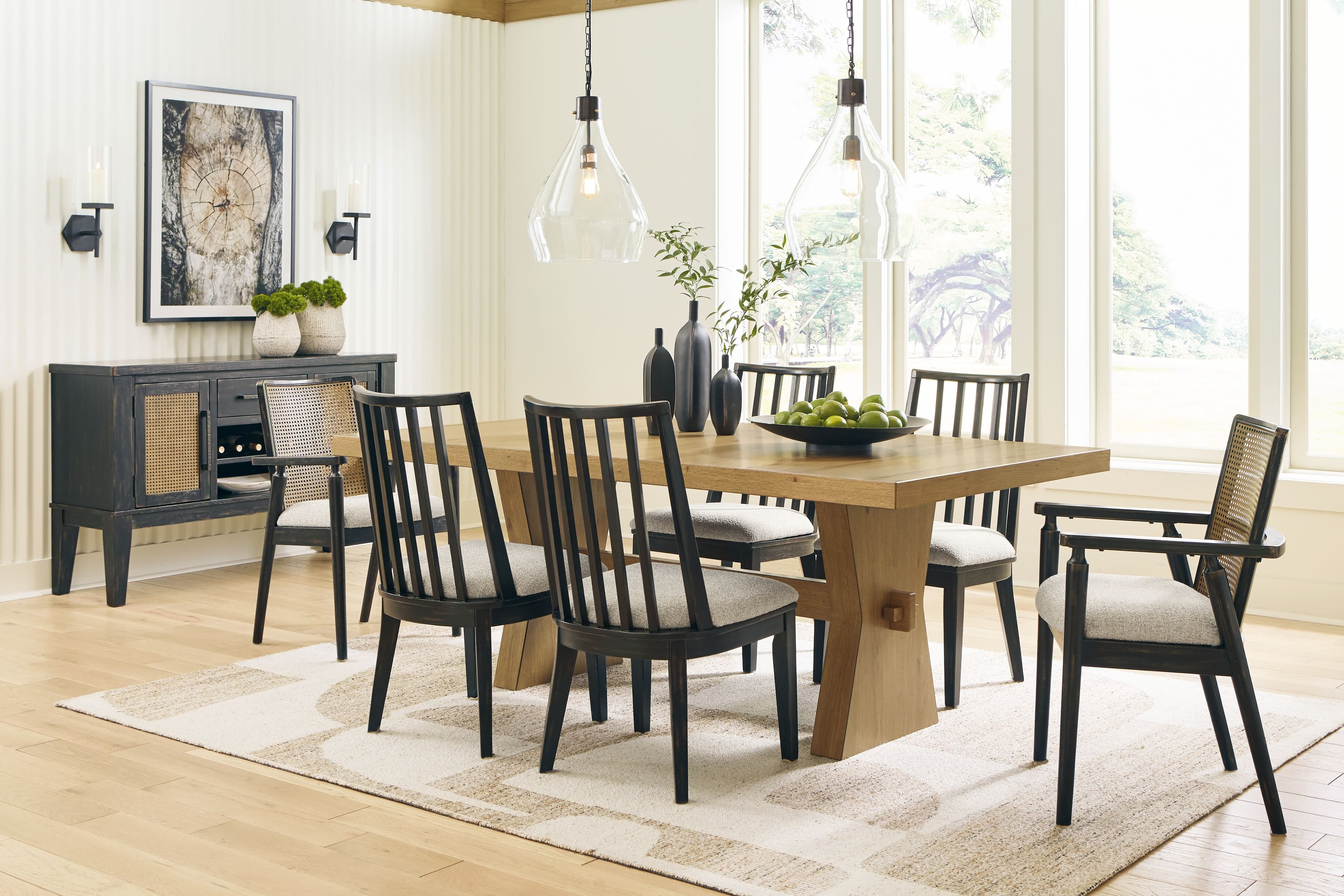 Rectangular Dining Table, 4 Side Chairs, 2 Arm Chairs, Server