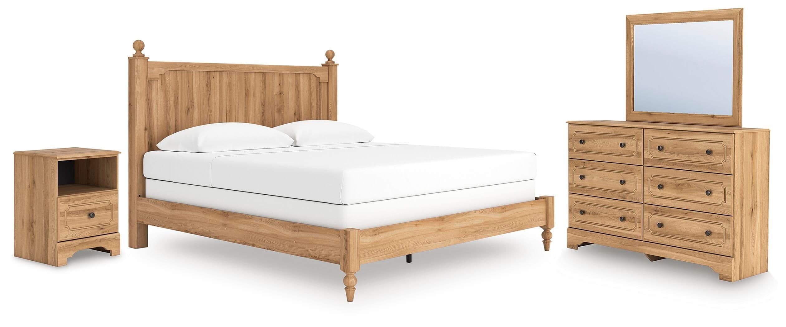 Aleaport - 4 Pc. - King Panel Bed, Dresser, Mirror And Nightstand - Warm Brown