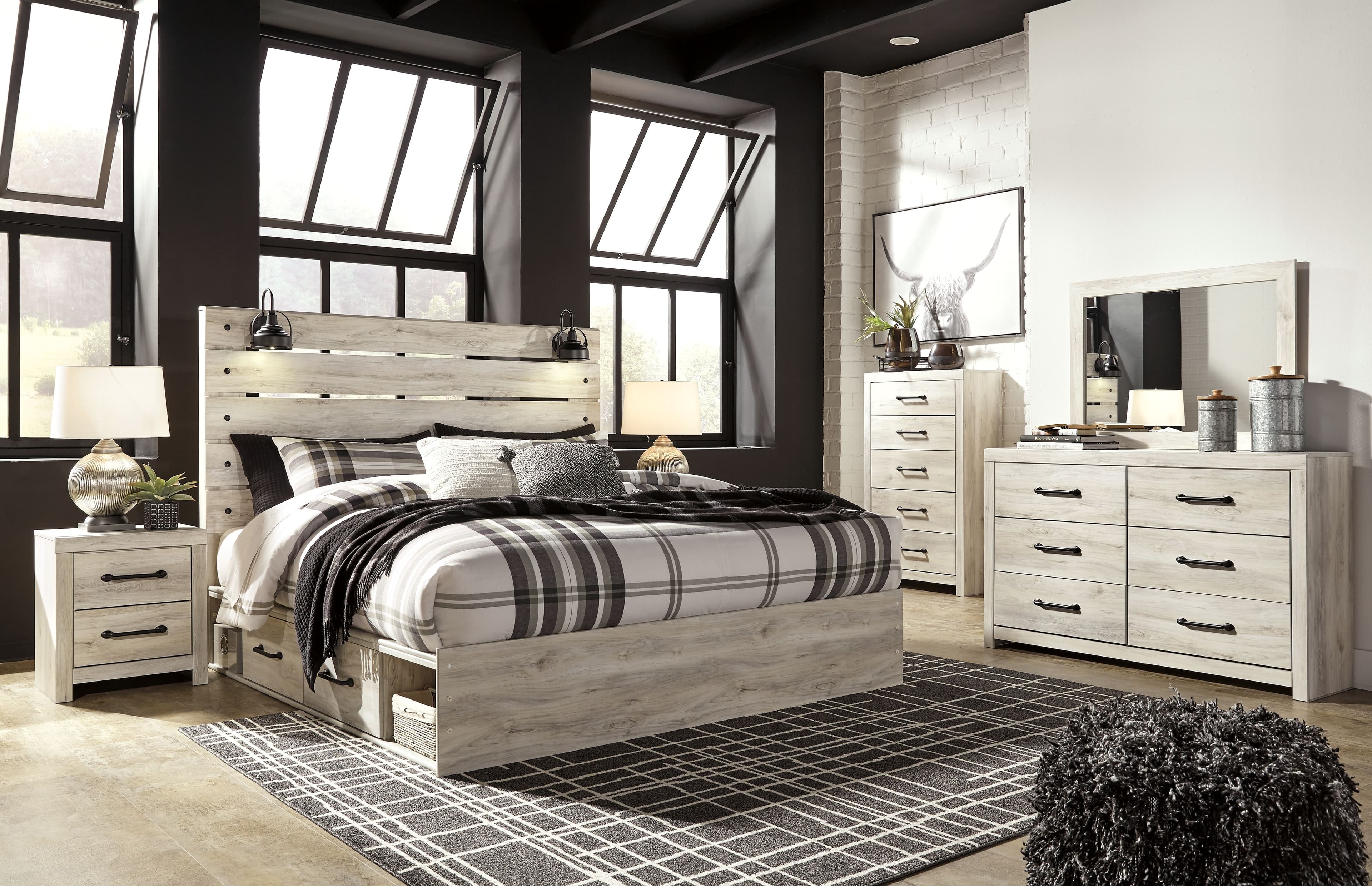 10 Pc. · Dresser, Mirror, Chest, King Panel Bed with 4 Storage Drawers, 2 Nightstands