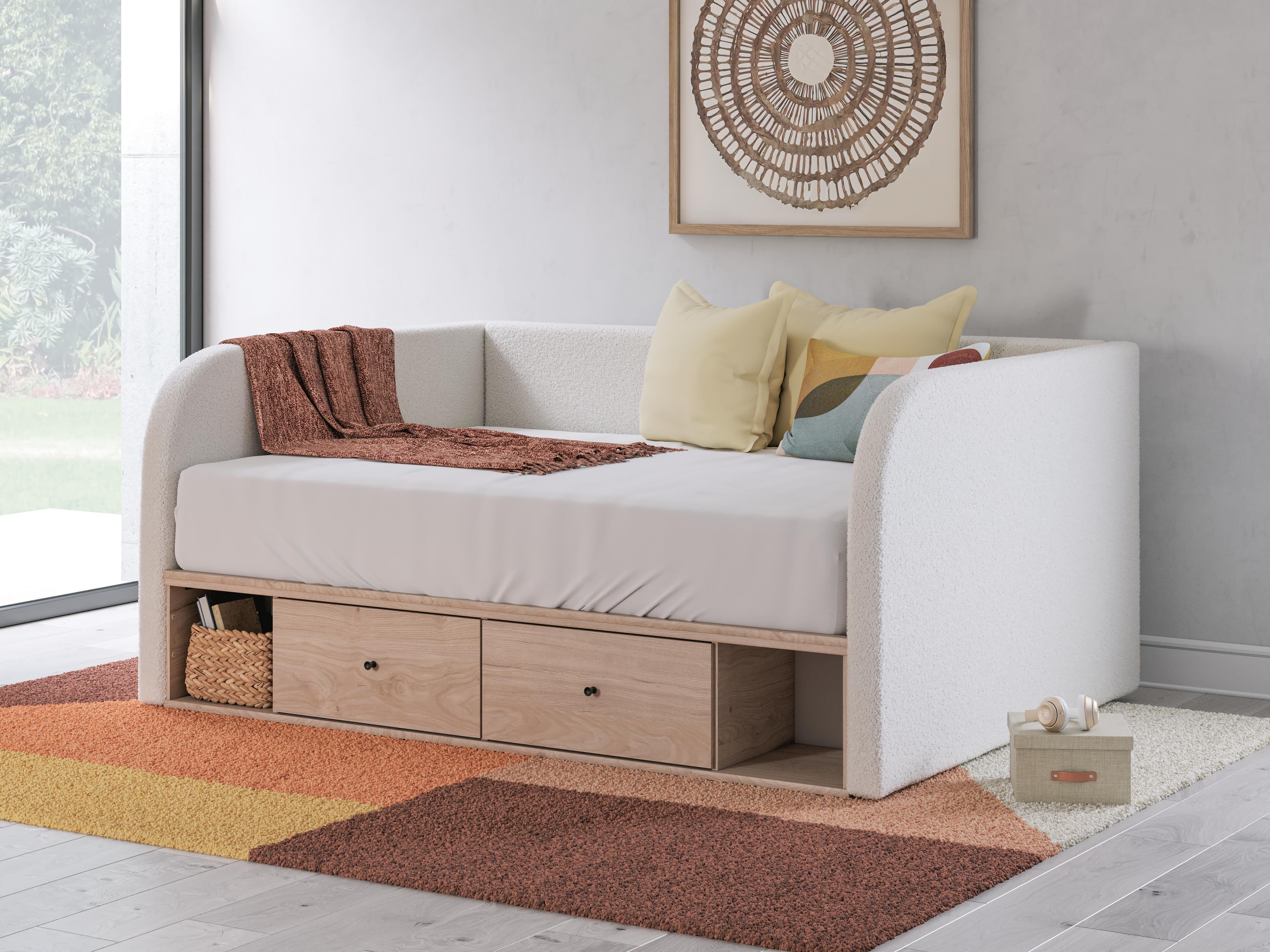 Arloster - Full Upholstered Day Bed With Storage - Tan / White