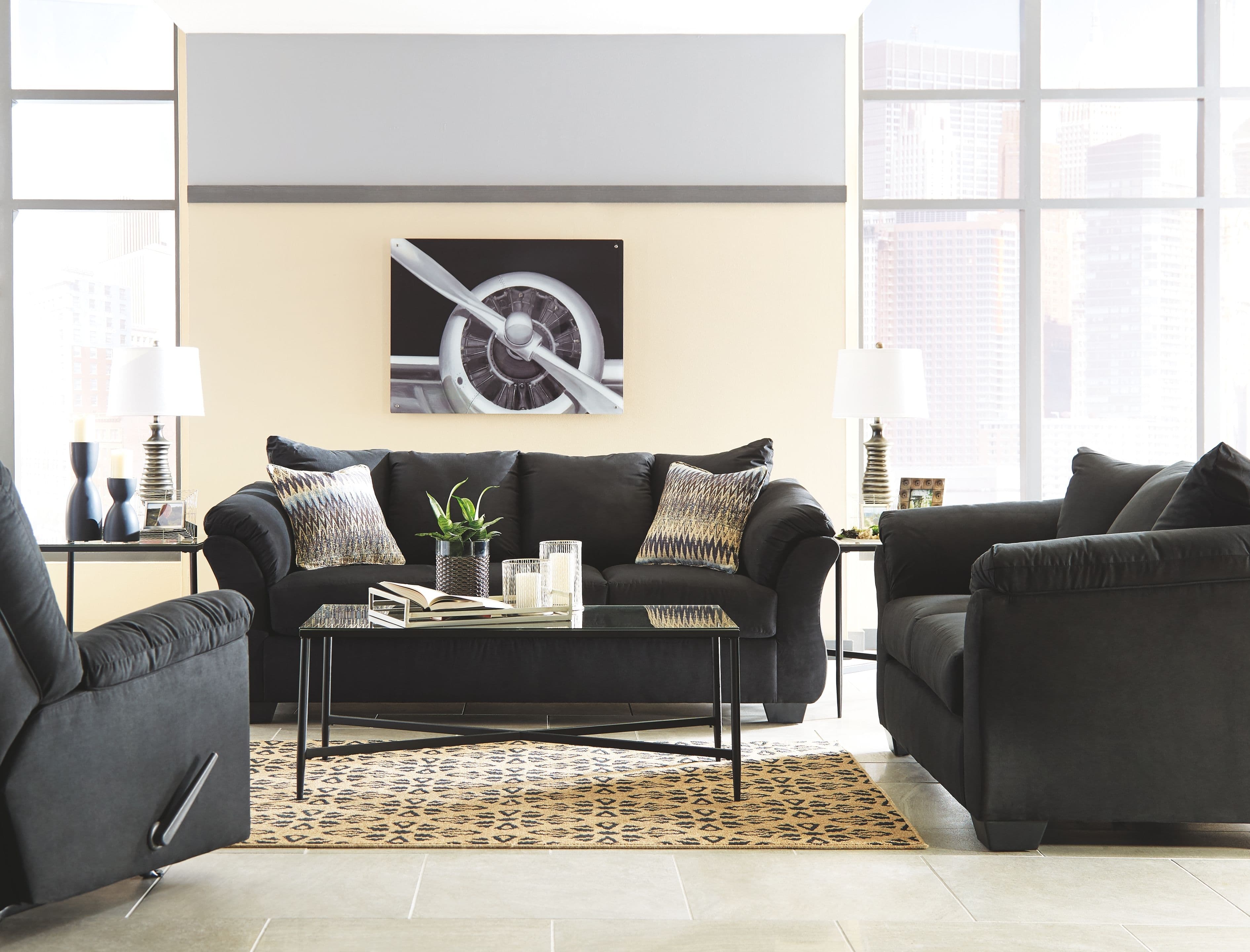 3 Pc. · Sofa, Loveseat, Rocker Recliner · Black