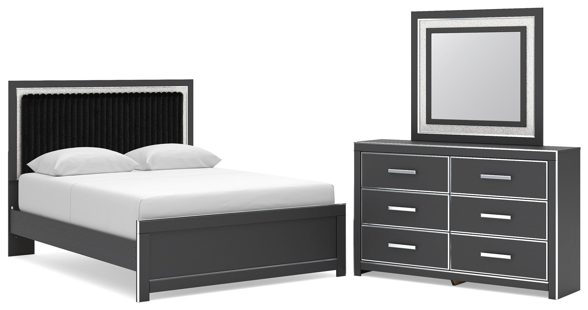 Zuraleus - 3 Pc. - Queen Upholstered Panel Platform Bed, Dresser And Mirror - Black
