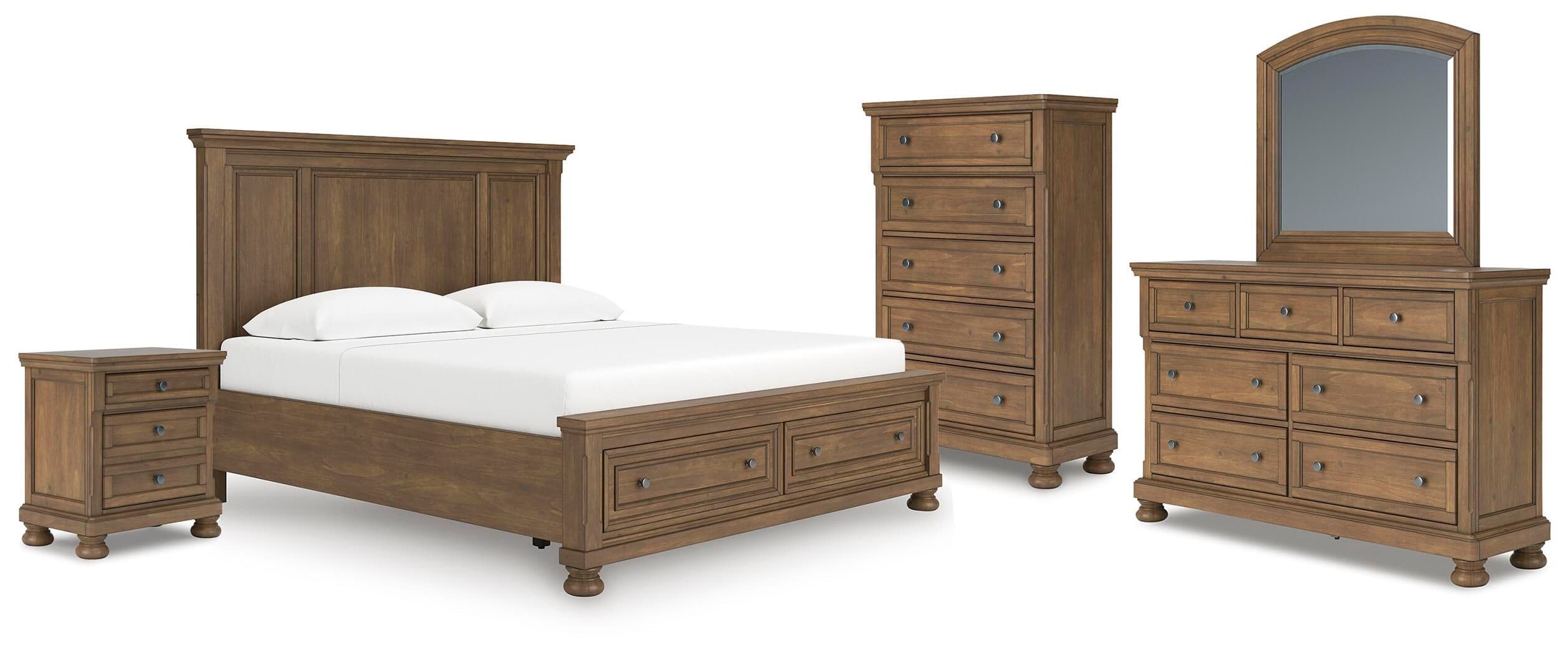 Feddinger - 5 Pc. - King Panel Storage Bed, Dresser, Mirror, Chest And Nightstand - Medium Brown