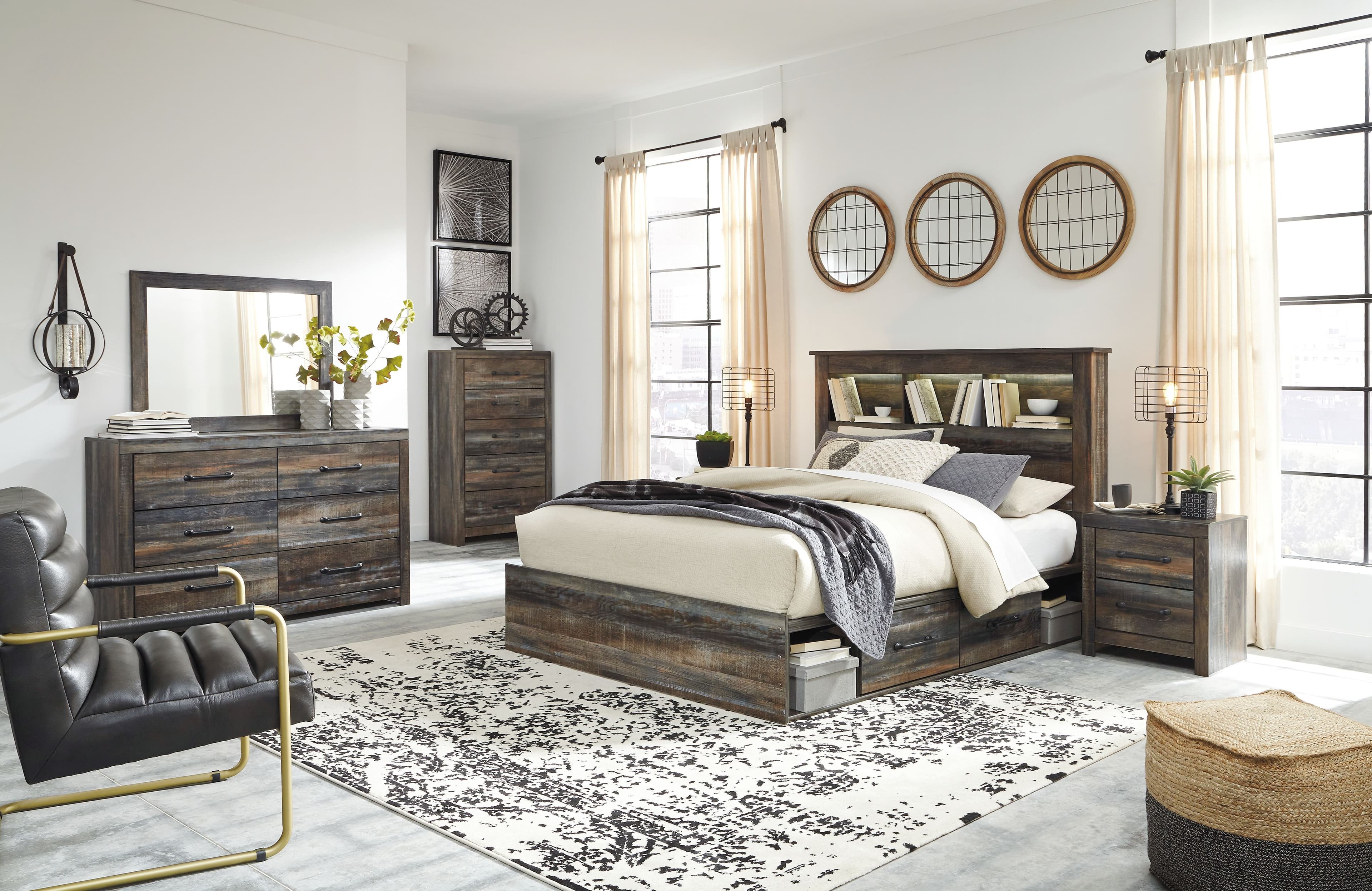 Drystan - 9 Pc. - Dresser, Mirror, King Bookcase Bed With 4 Storage Drawers, 2 Nightstands - Brown / Beige
