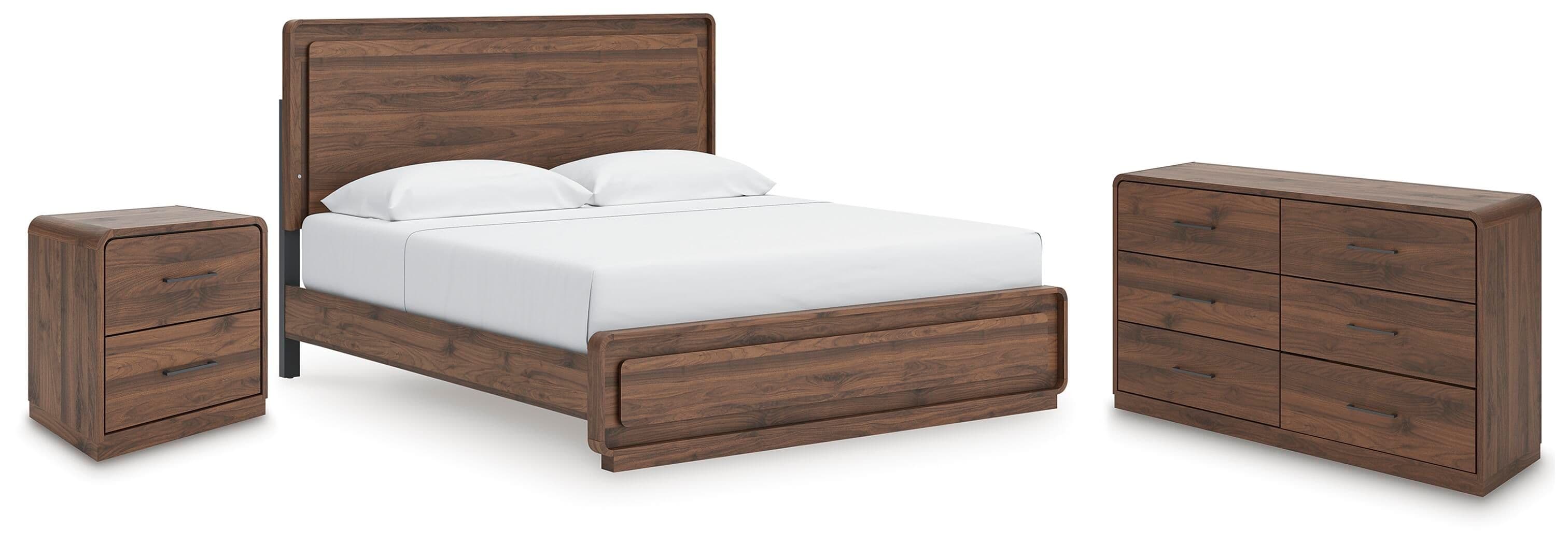 Fortlorn - 3 Pc. - King Panel Bed, Dresser And Nightstand - Walnut Brown