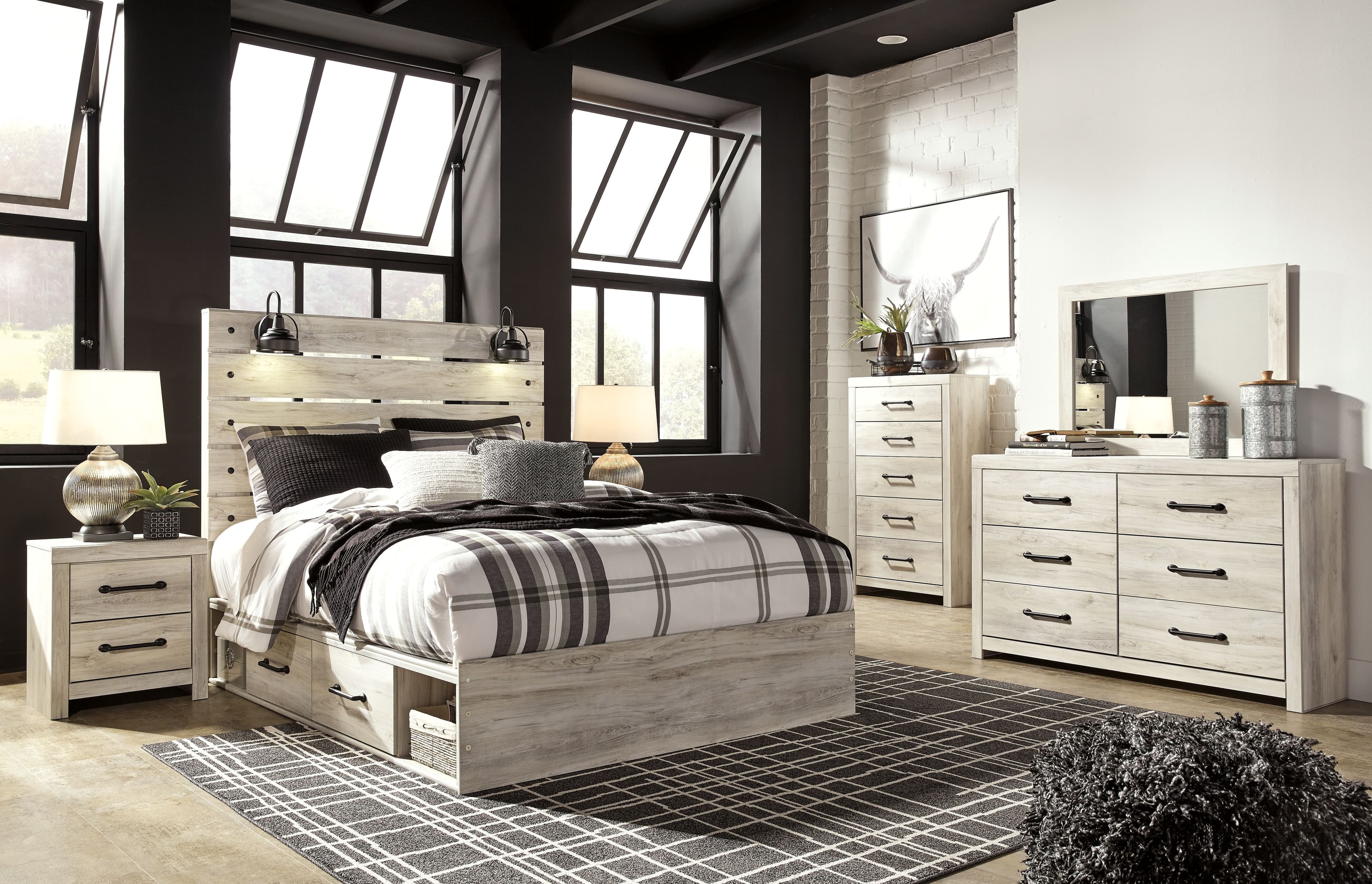 10 Pc. · Dresser, Mirror, Chest, Queen Panel Bed with 4 Storage Drawers, 2 Nightstands
