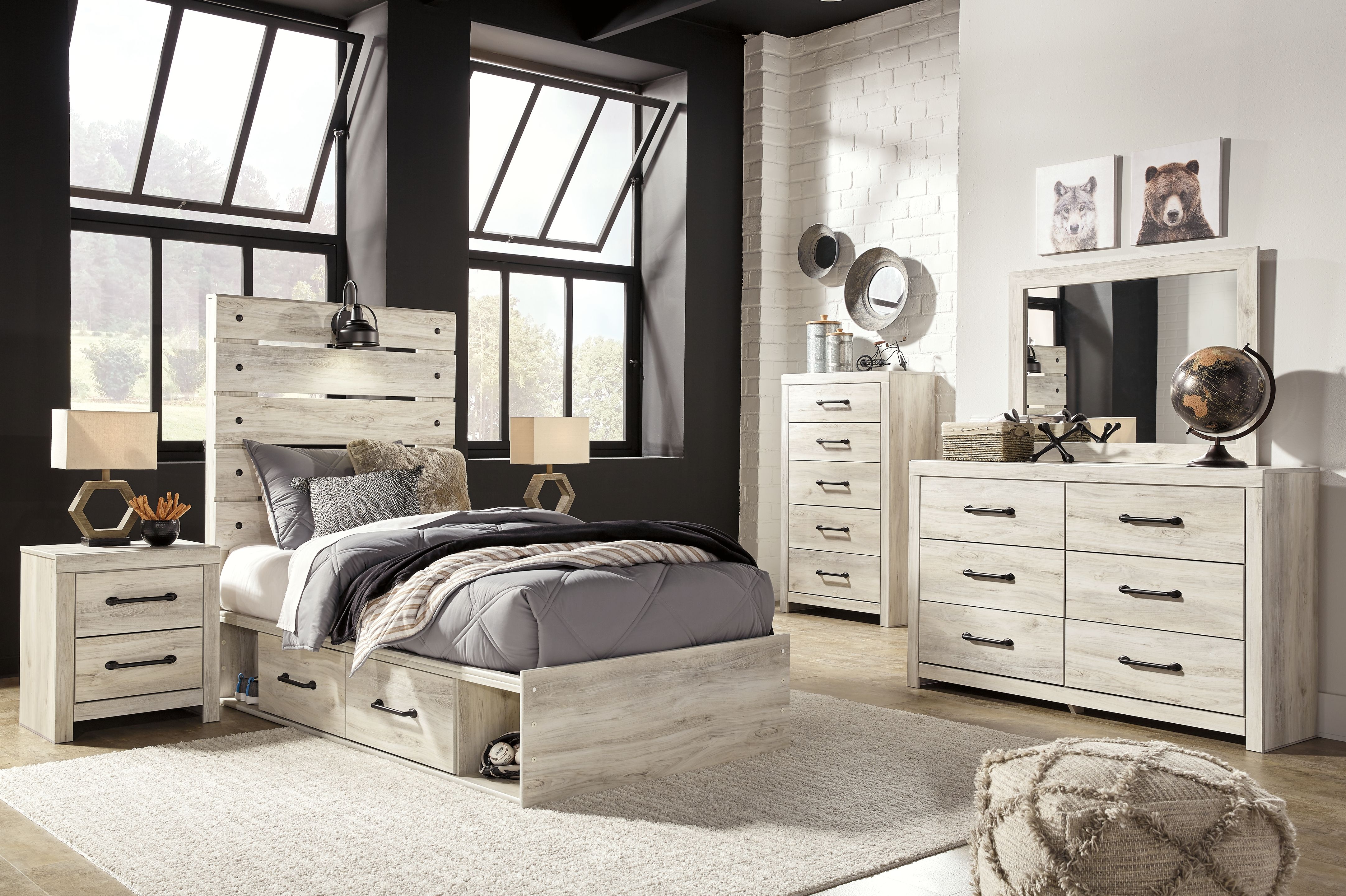 10 Pc. · Dresser, Mirror, Chest, Twin Panel Bed with 4 Storage Drawers, 2 Nightstands