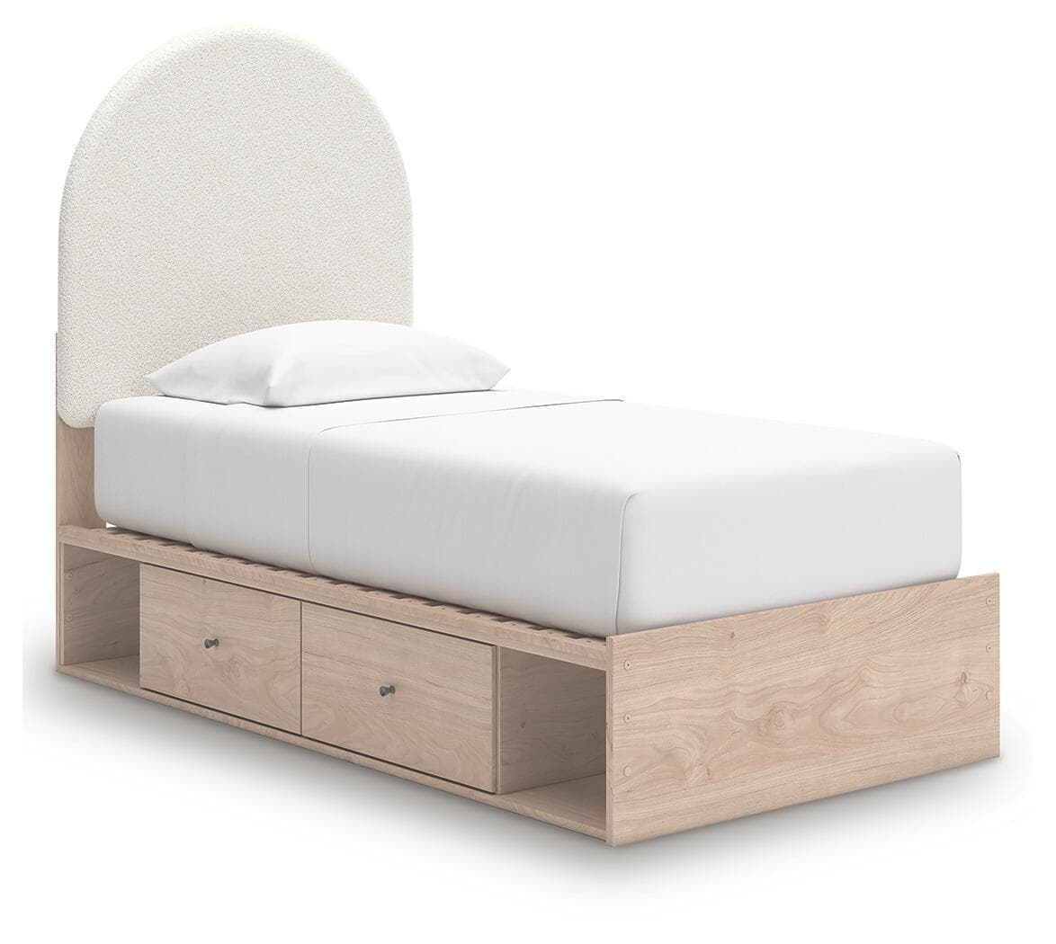 Arloster - Twin Upholstered Panel Bed With 2 Under Bed Storage Units - Tan / White