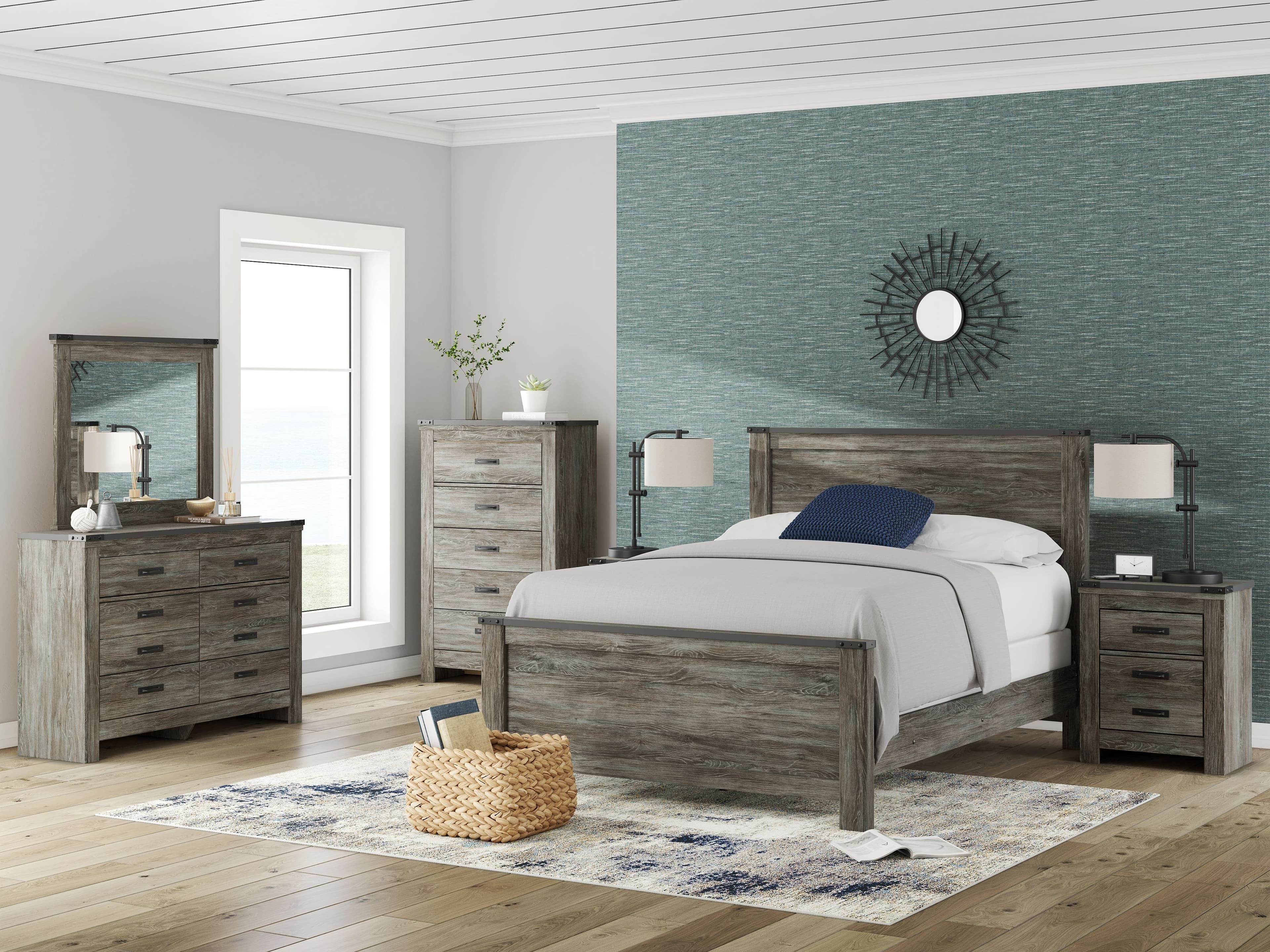 Frandern - 6 Pc. - Dresser, Mirror, Chest, Queen Panel Bed - Black / Gray