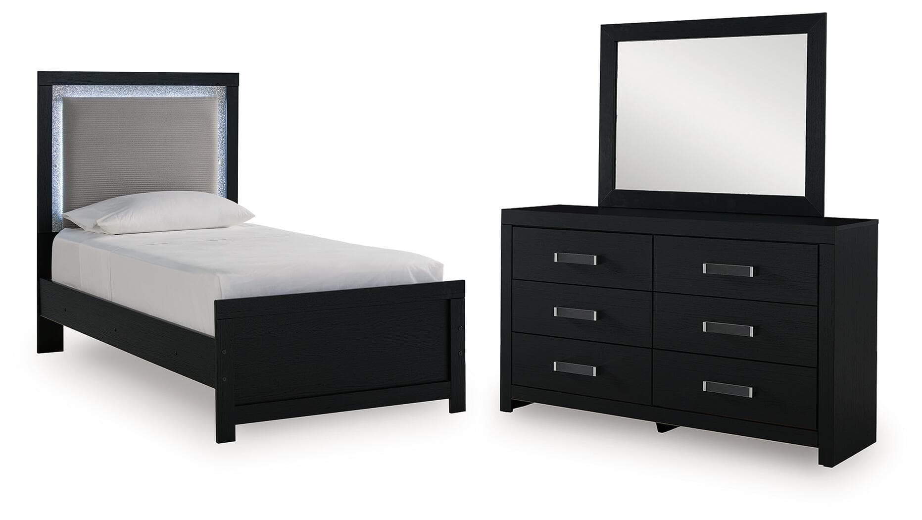 Maeling - 3 Pc. - Twin Upholstered Panel Bed, Dresser And Mirror - Black