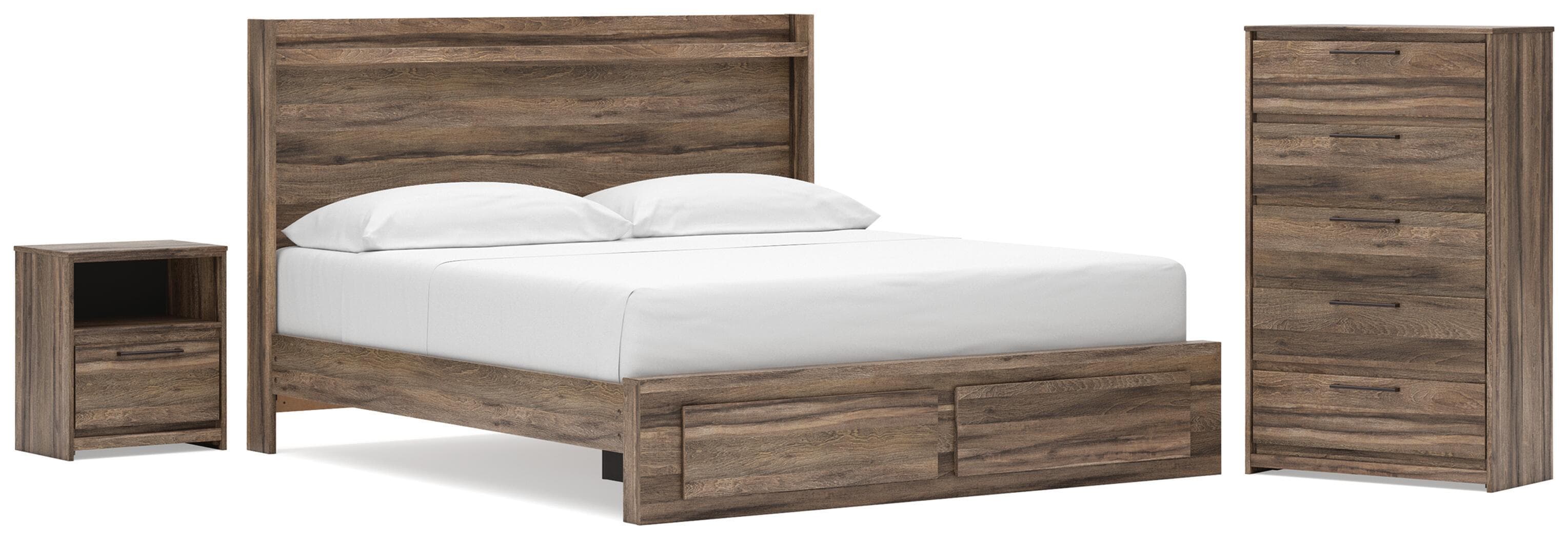 Elbrim - 3 Pc. - King Panel Storage Bed, Chest And Nightstand - Brown