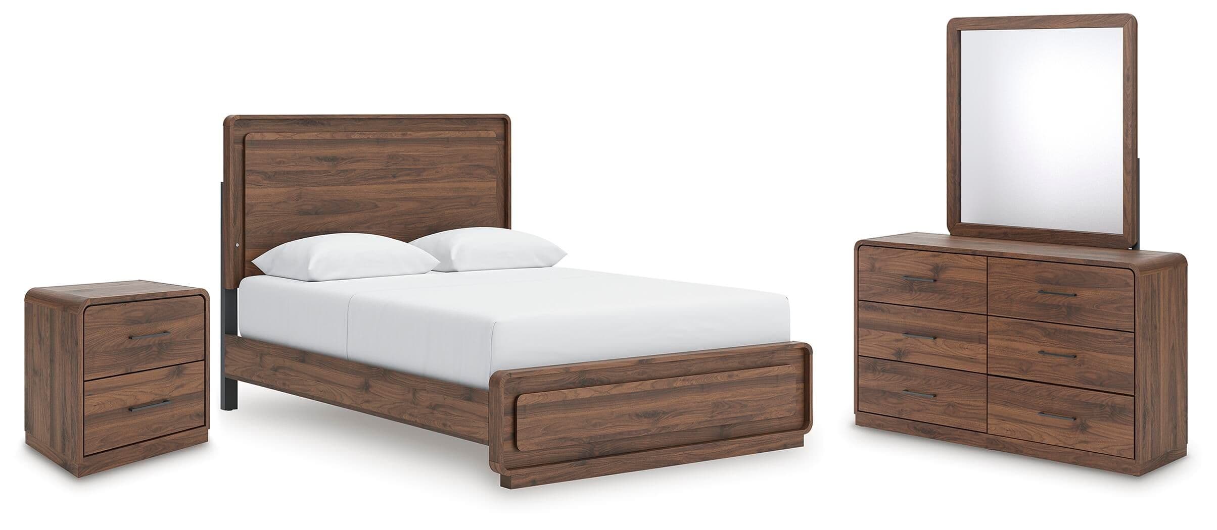 Fortlorn - 4 Pc. - Queen Panel Bed, Dresser, Mirror And Nightstand - Walnut Brown