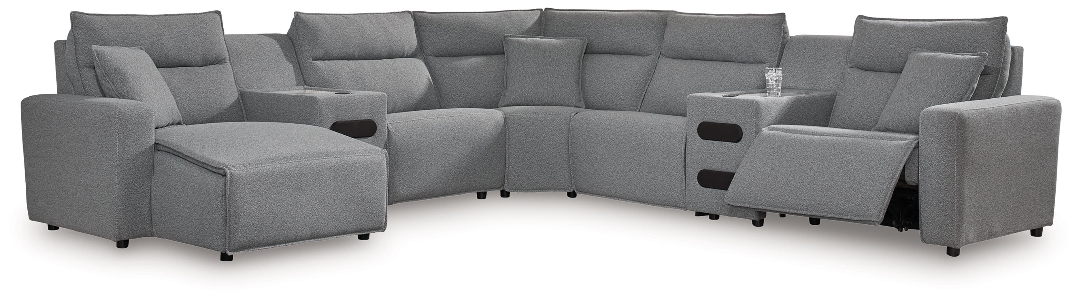 7-Piece Power Reclining Sectional With LAF Press Back Power Chaise And Audio Consoles · Salt And Pepper