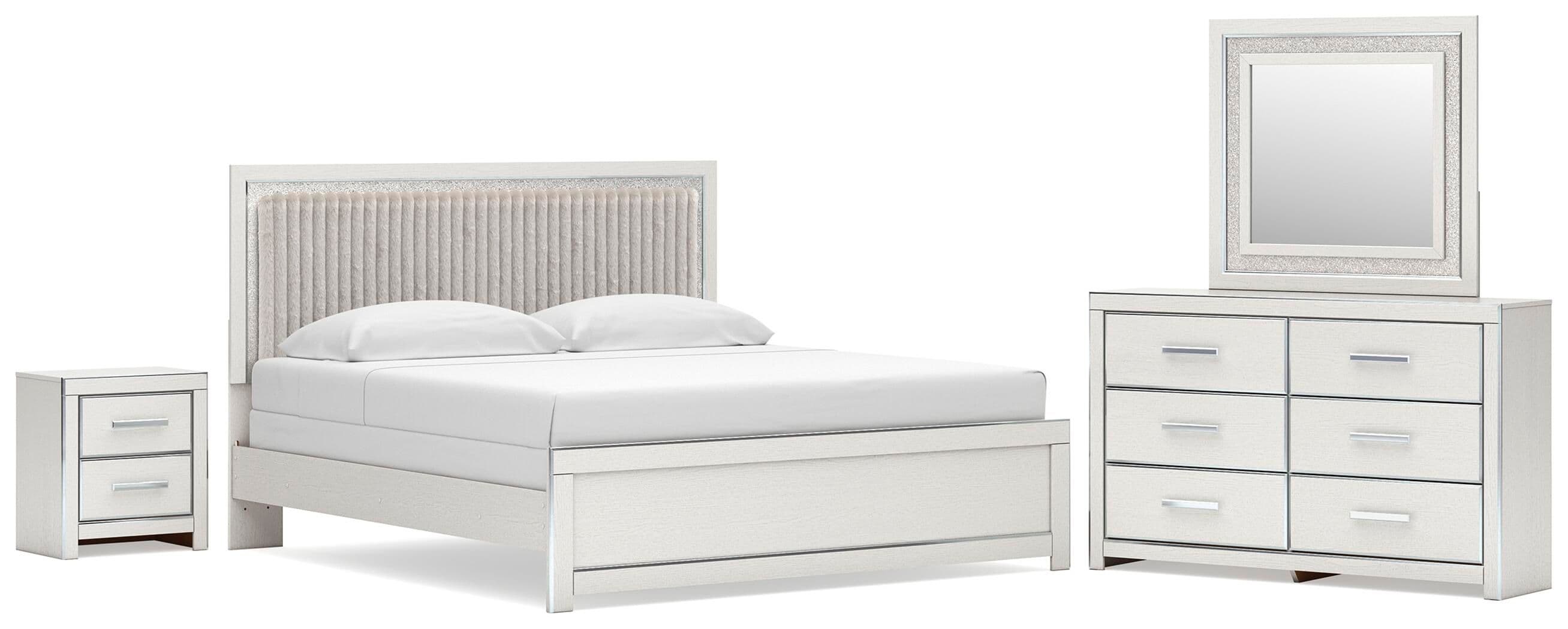 Zuraleus - 4 Pc. - King Upholstered Panel Bed, Dresser, Mirror And Nightstand - White