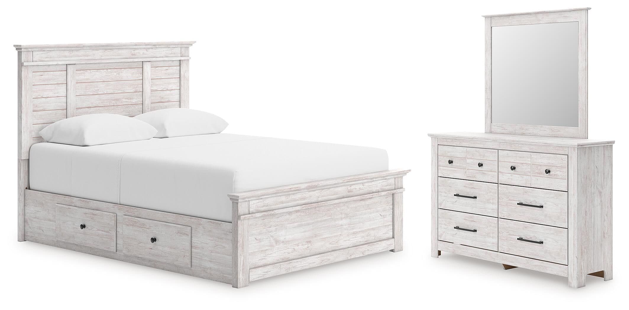 Makidern - 3 Pc. - Queen Panel Bed With Storage, Dresser And Mirror - Whitewash