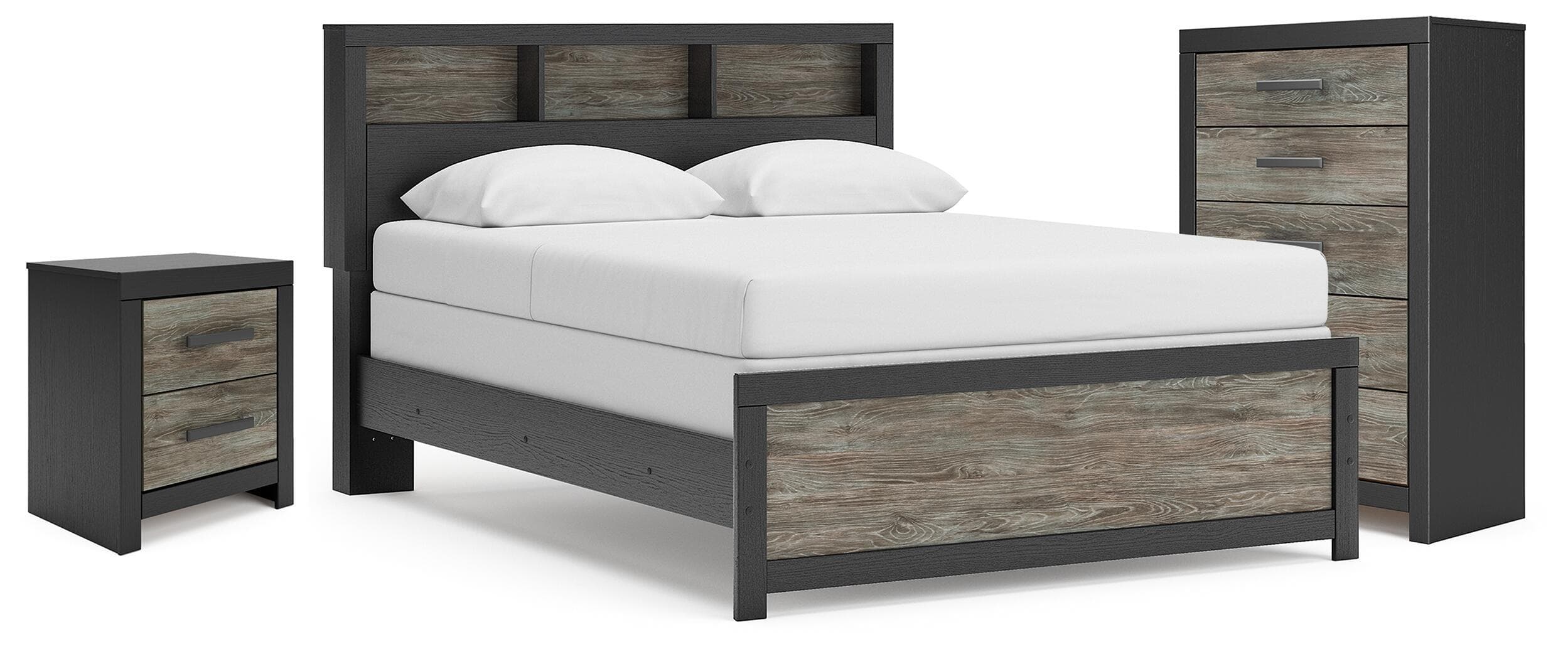 Broachmyn - 3 Pc. - Queen Bookcase Bed, Chest And Nightstand - Black / Gray