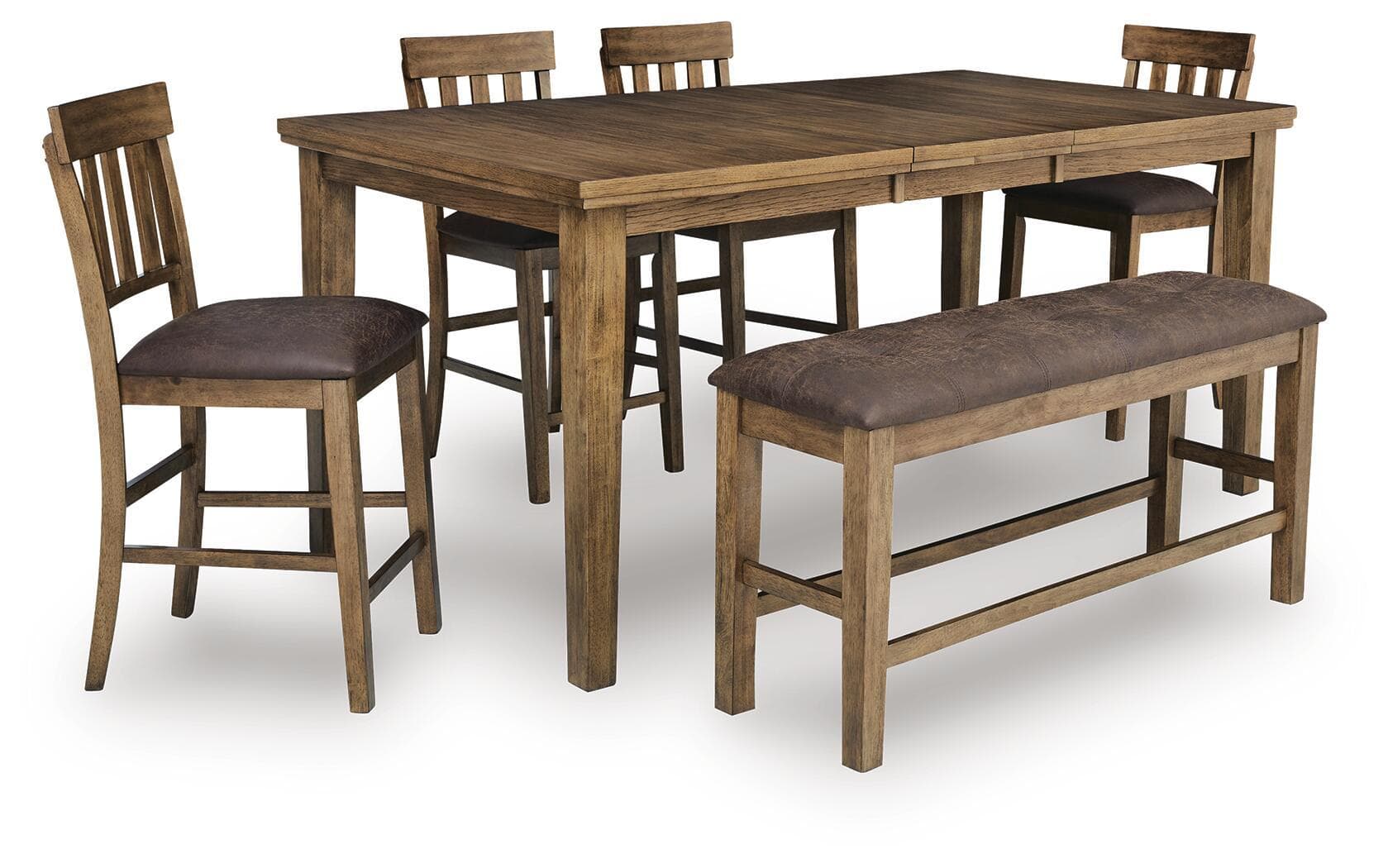 Urbinforte - 6 Pc. - Counter Height Extension Dining Table, 4 Barstools And Bench - Light Brown