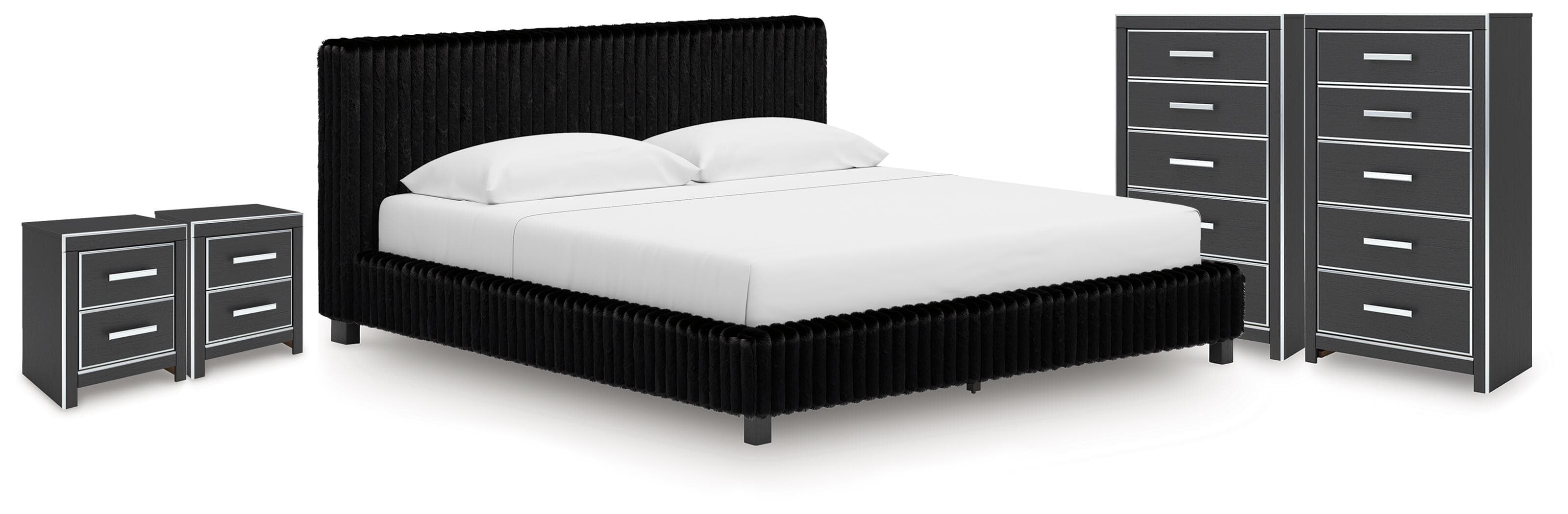 Zuraleus - 5 Pc. - King Upholstered Bed, 2 Chests And 2 Nightstands - Black