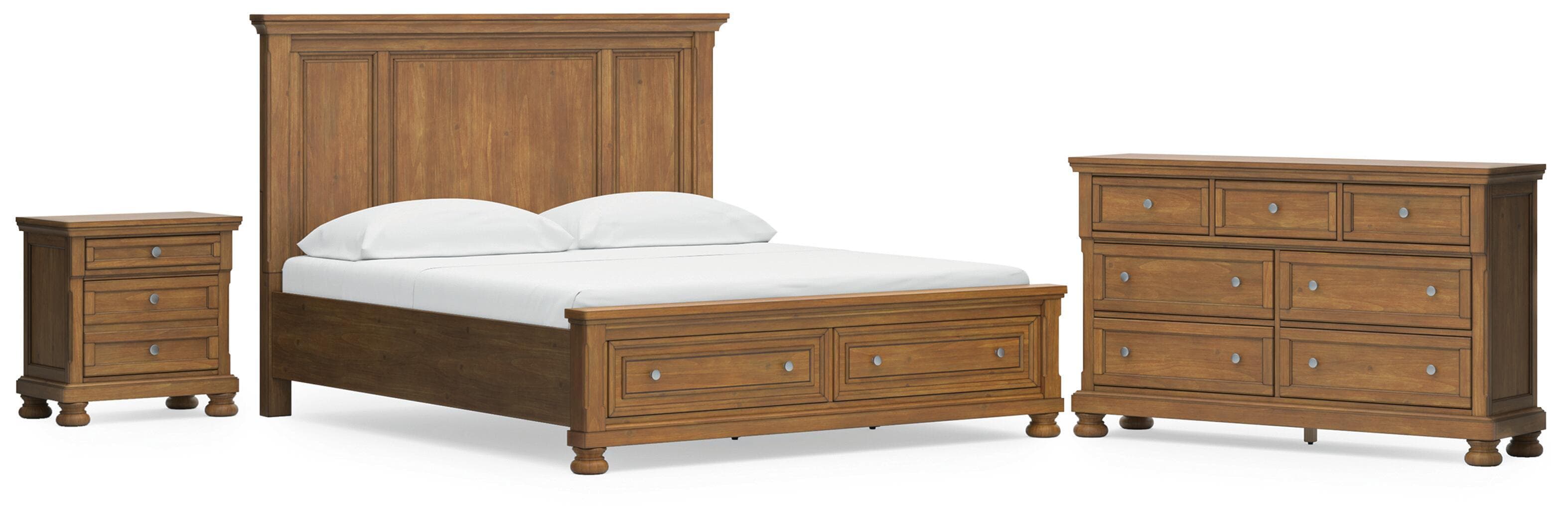 Feddinger - 3 Pc. - California King Panel Storage Bed, Dresser And Nightstand - Medium Brown