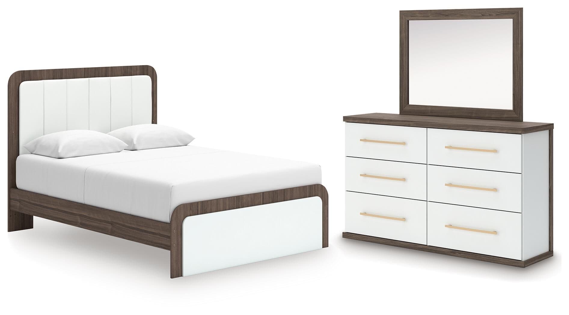 Kendanport - 3 Pc. - Queen Upholstered Platform Bed, Dresser And Mirror - Brown / White
